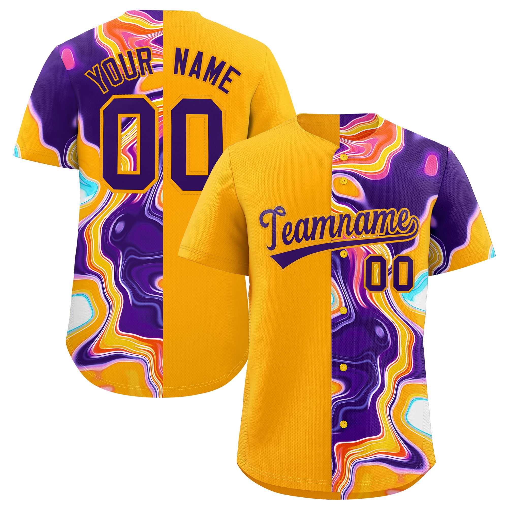 Custom Yellow Split Fashion Fluid Pattern Authentic Baseball Jersey| KXKSHOP