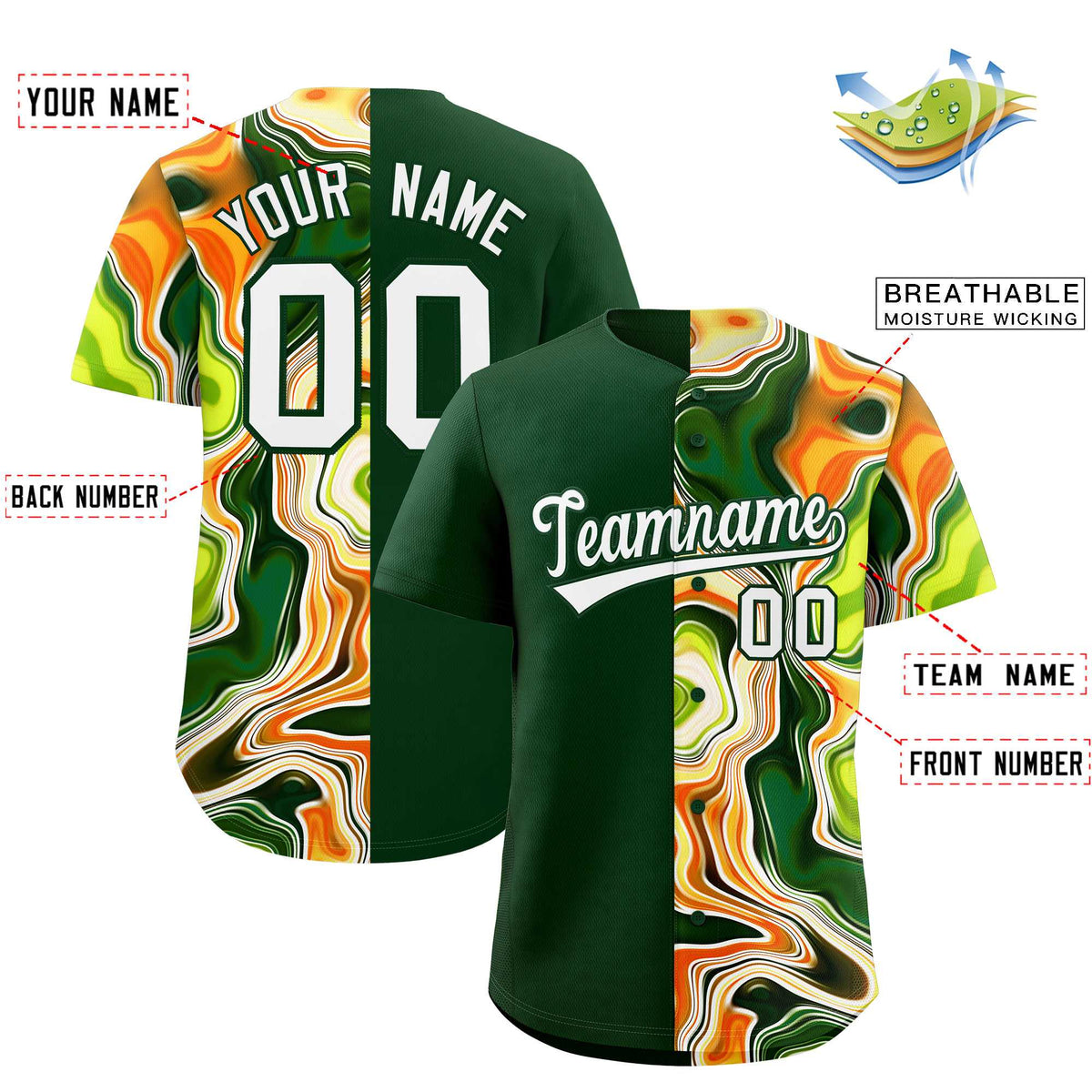 Custom Green Split Fashion Fluid Pattern Authentic Baseball Jersey| KXKSHOP