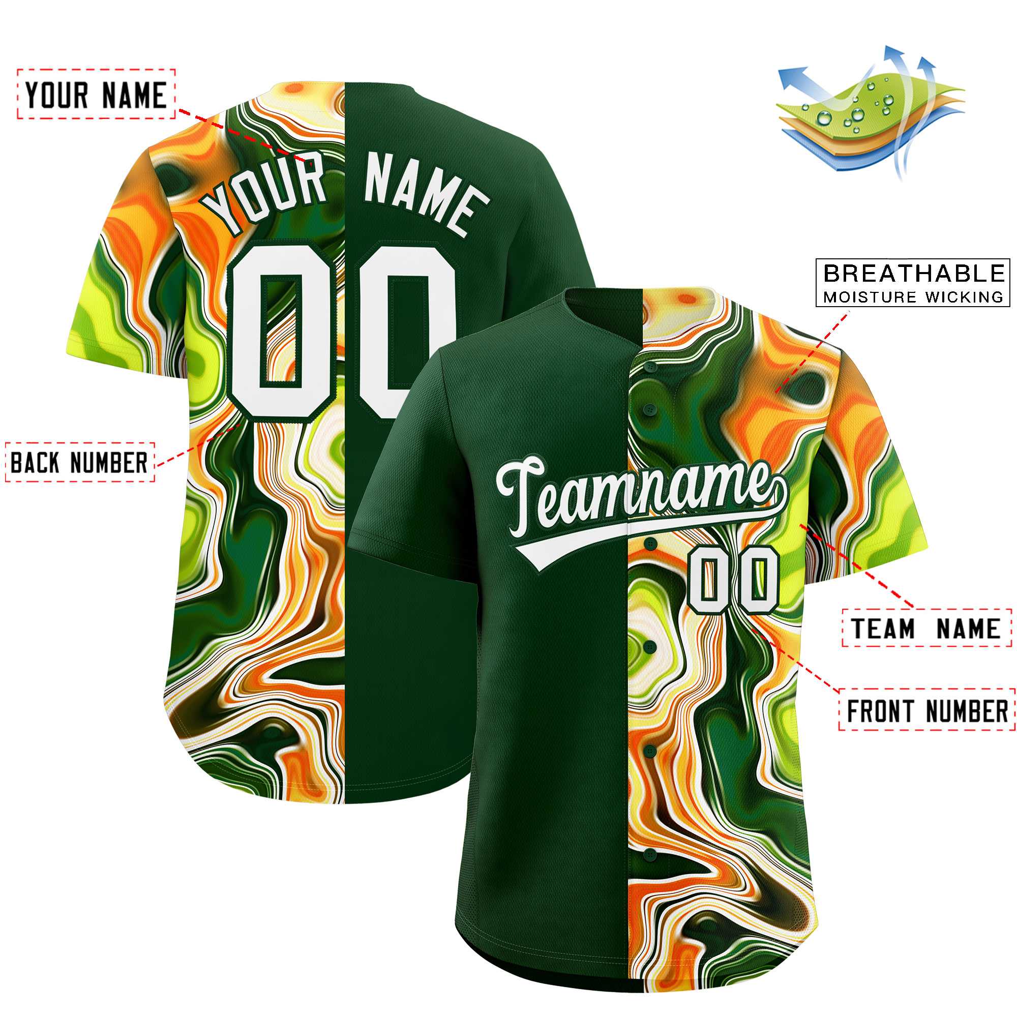Custom Green Split Fashion Fluid Pattern Authentic Baseball Jersey| KXKSHOP