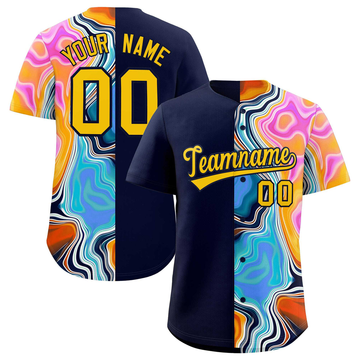 Custom Navy Split Fashion Fluid Pattern Authentic Baseball Jersey| KXKSHOP