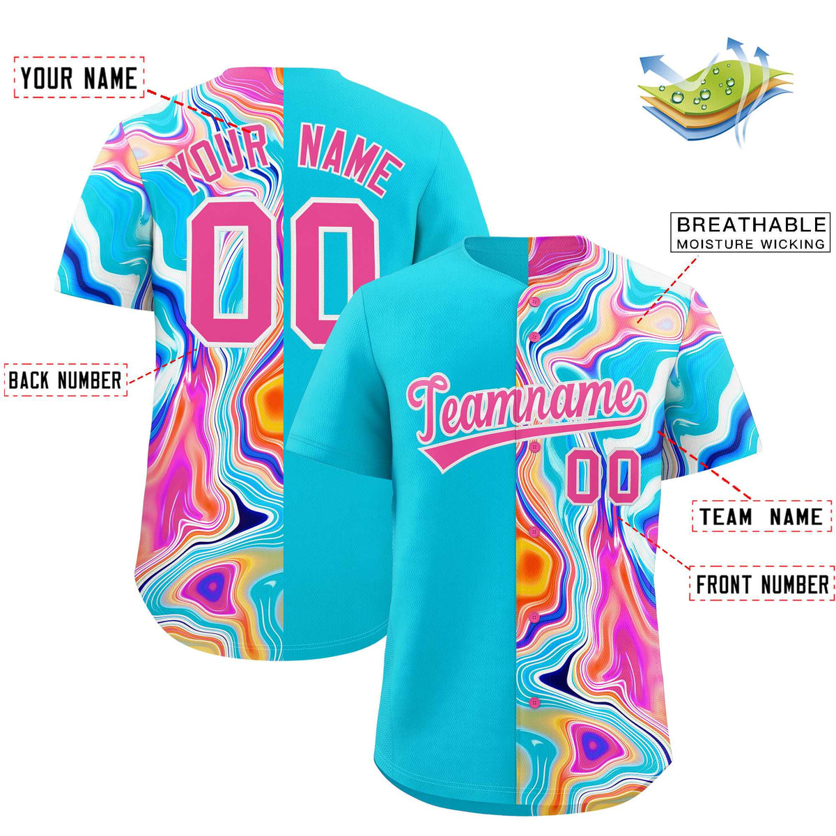 Custom Sky Blue Split Fashion Fluid Pattern Authentic Baseball Jersey| KXKSHOP