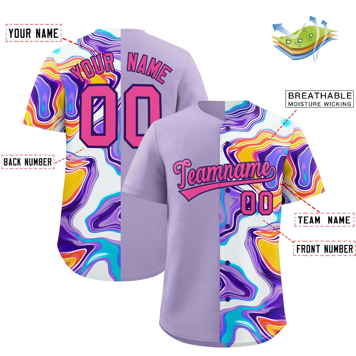 Custom Light Purple Split Fashion Fluid Pattern Authentic Baseball Jersey| KXKSHOP