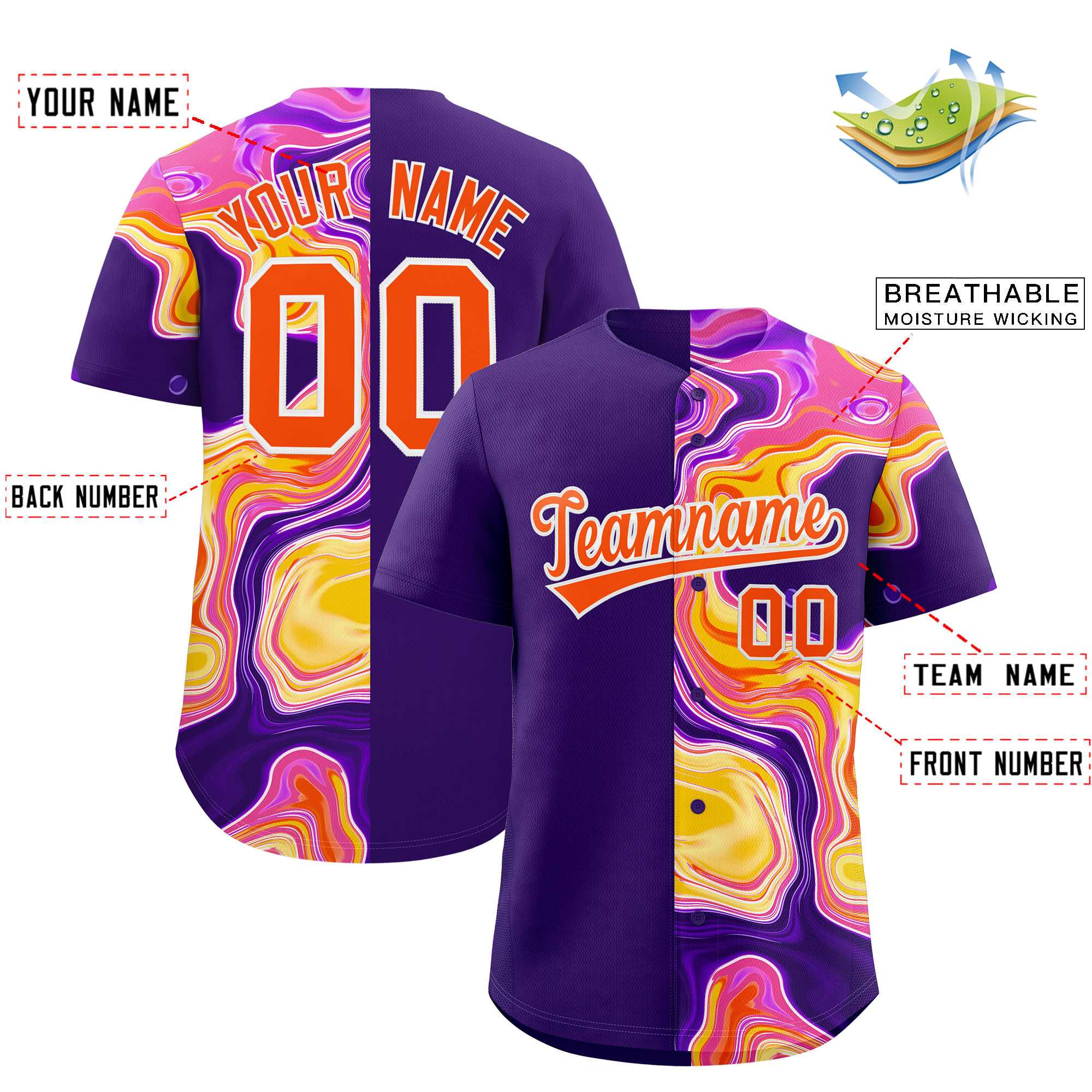 Custom Purple Split Fashion Fluid Pattern Authentic Baseball Jersey| KXKSHOP