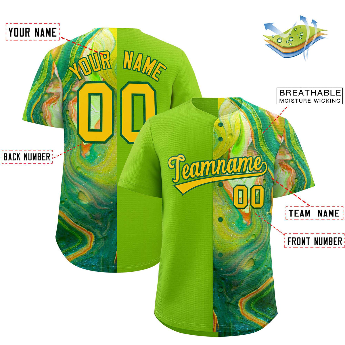 Custom Neon Green Split Fashion Fluid Pattern Authentic Baseball Jersey| KXKSHOP