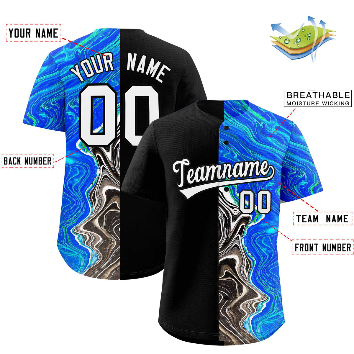 Custom Black Split Fashion Fluid Pattern Authentic Baseball Jersey| KXKSHOP