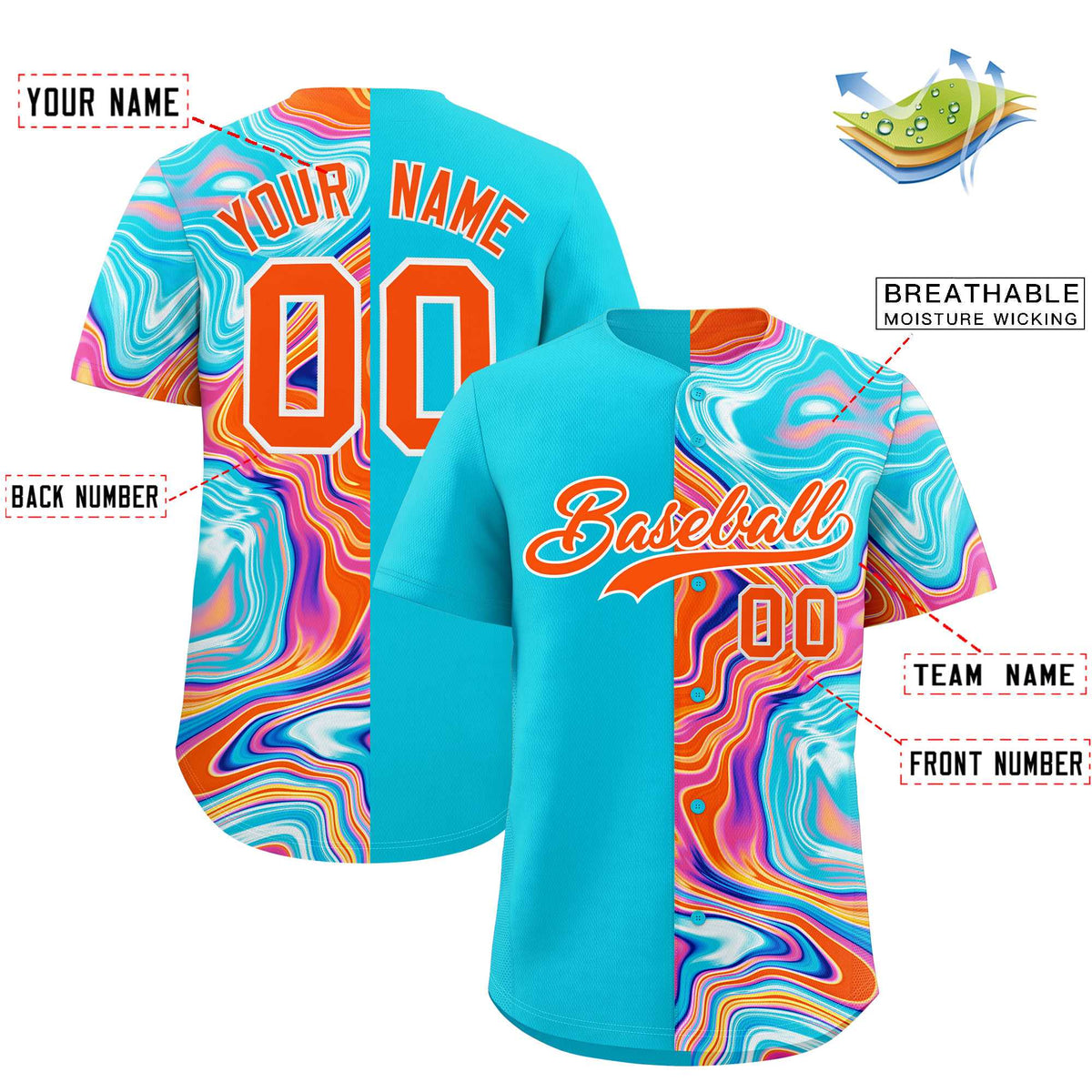 Custom Sky Blue Split Fashion Fluid Pattern Authentic Baseball Jersey| KXKSHOP