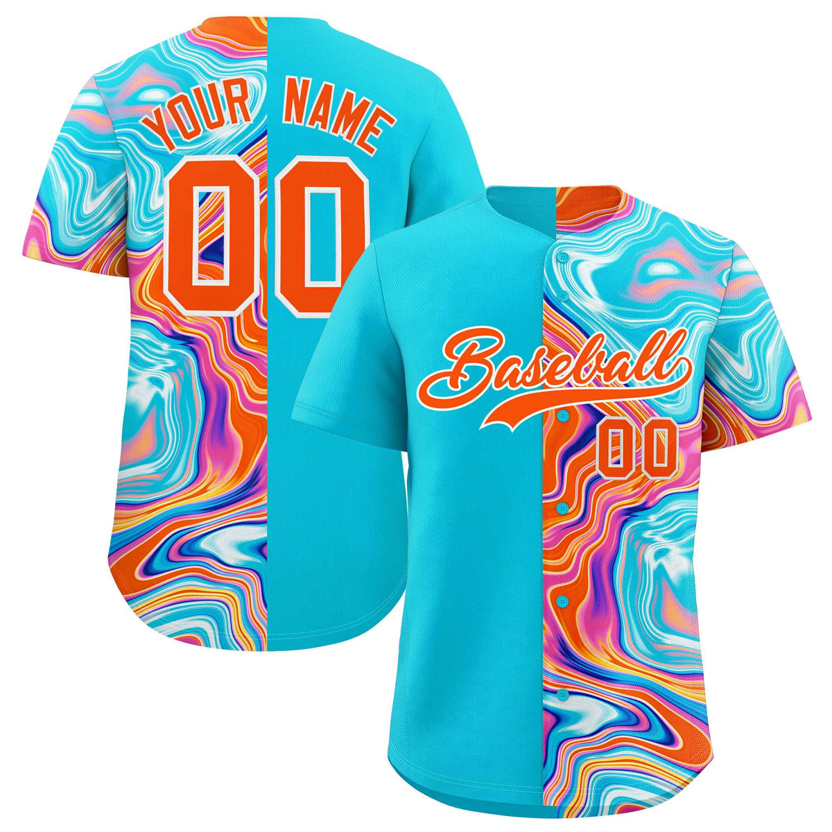 Custom Sky Blue Split Fashion Fluid Pattern Authentic Baseball Jersey| KXKSHOP