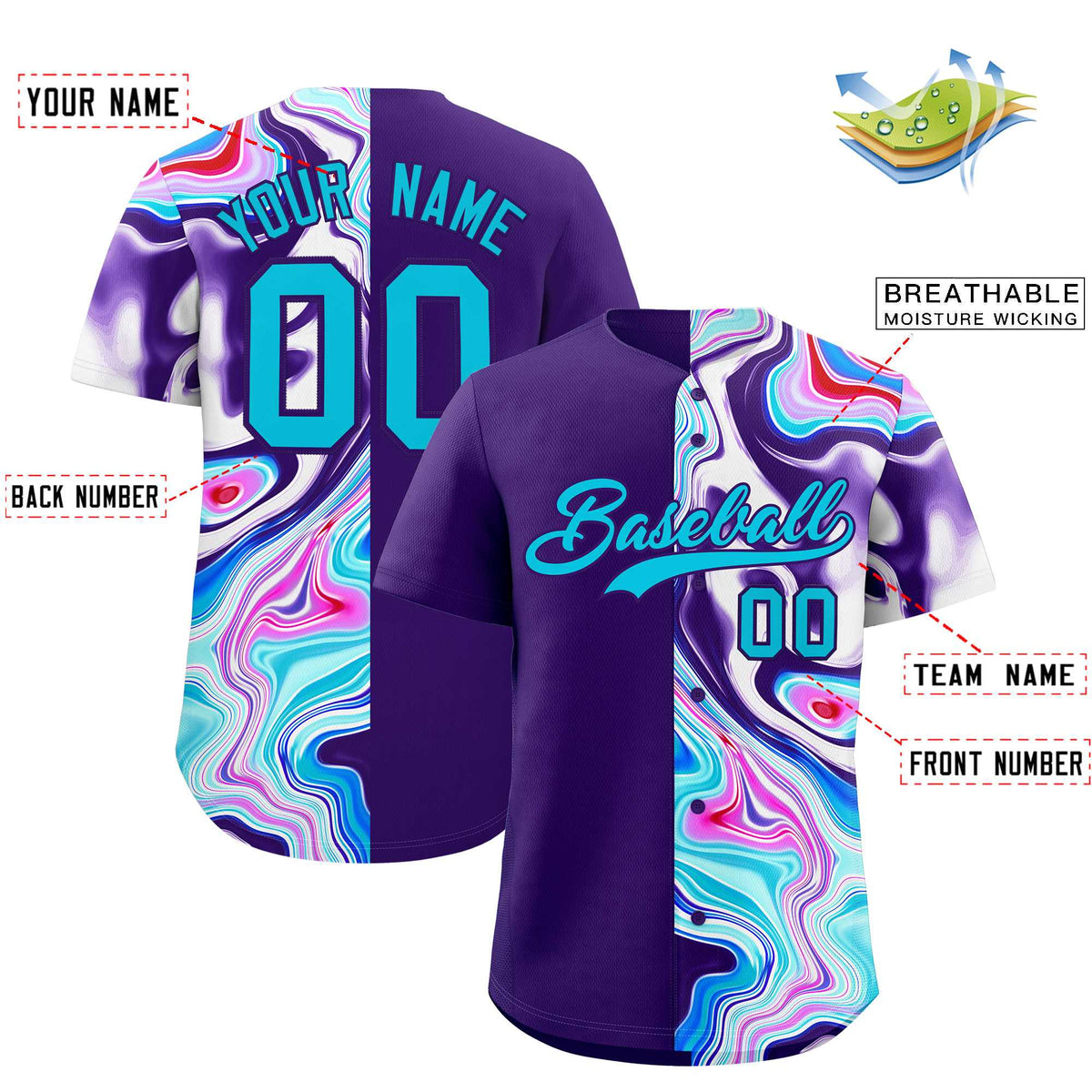 Custom Purple Split Fashion Fluid Pattern Authentic Baseball Jersey| KXKSHOP