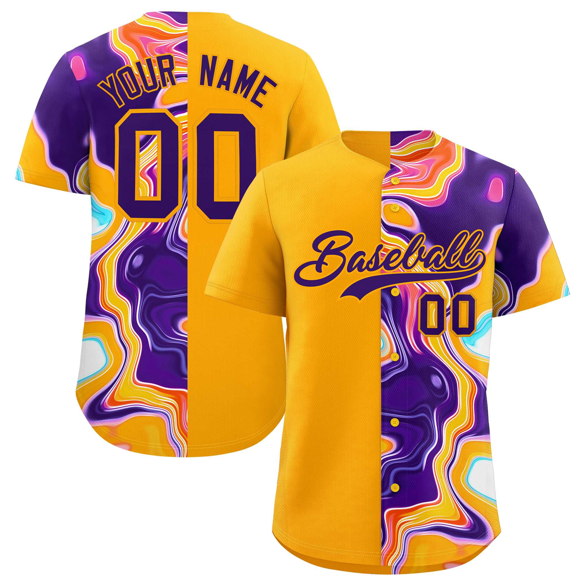 Custom Yellow Split Fashion Fluid Pattern Authentic Baseball Jersey| KXKSHOP