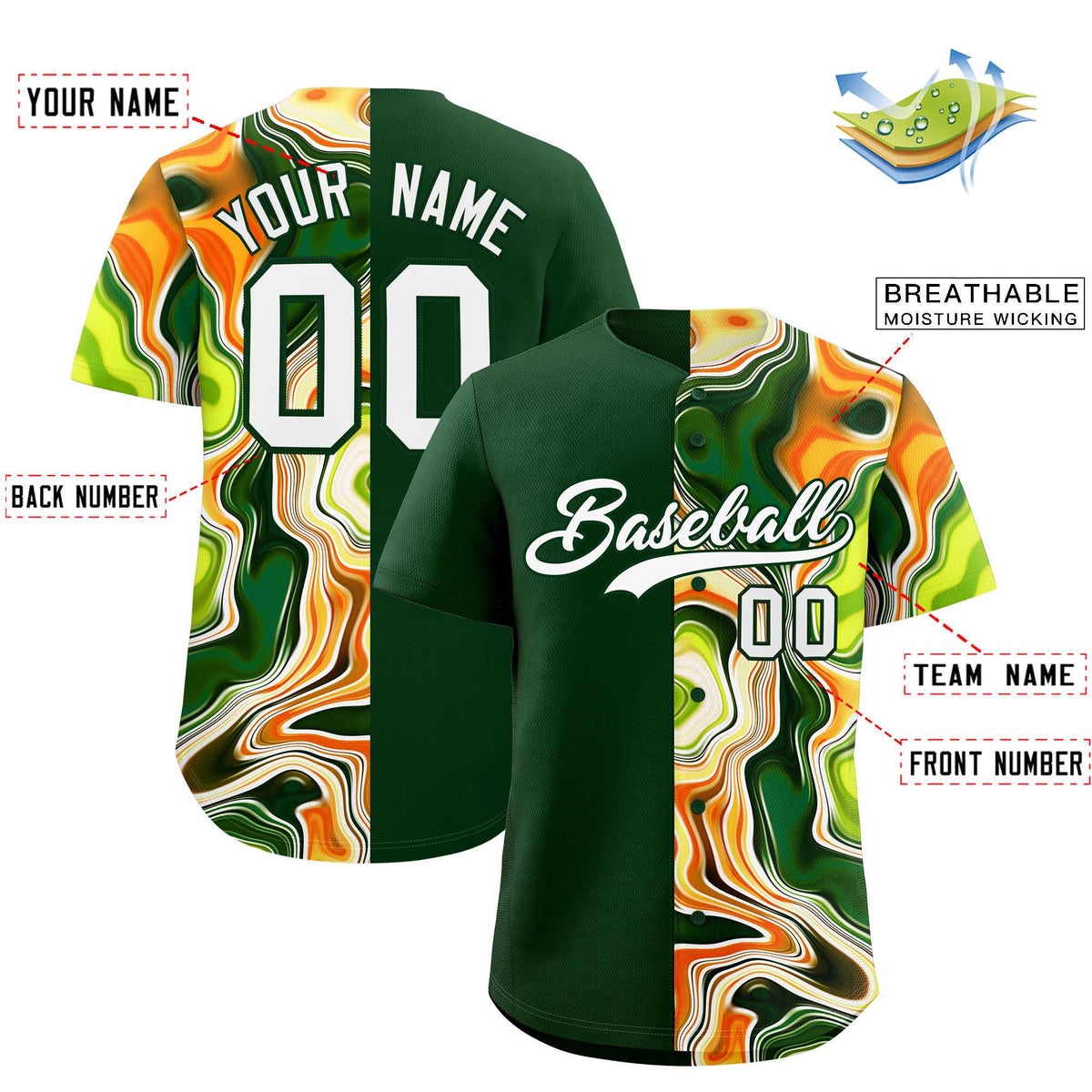 Custom Green Split Fashion Fluid Pattern Authentic Baseball Jersey| KXKSHOP