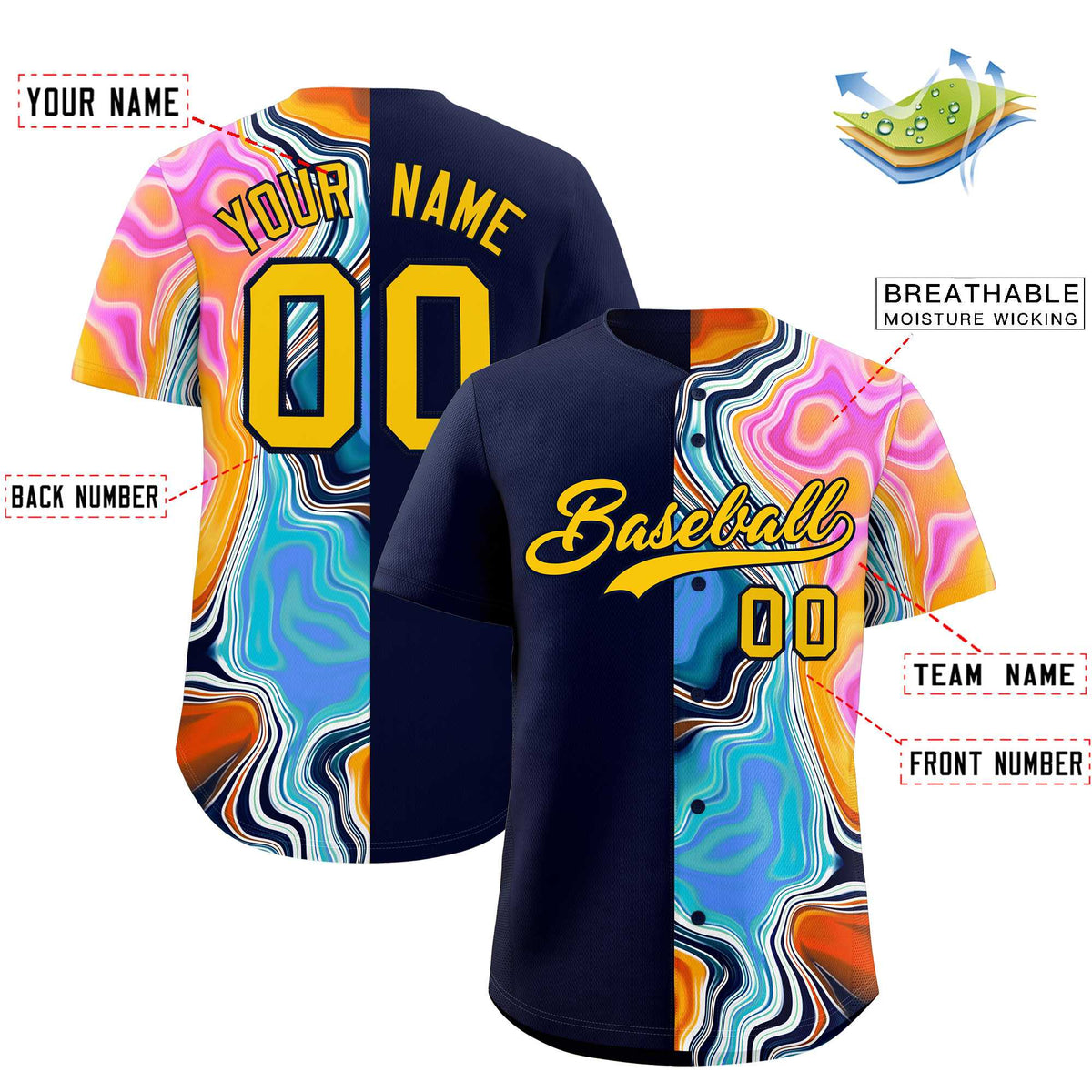 Custom Navy Split Fashion Fluid Pattern Authentic Baseball Jersey| KXKSHOP