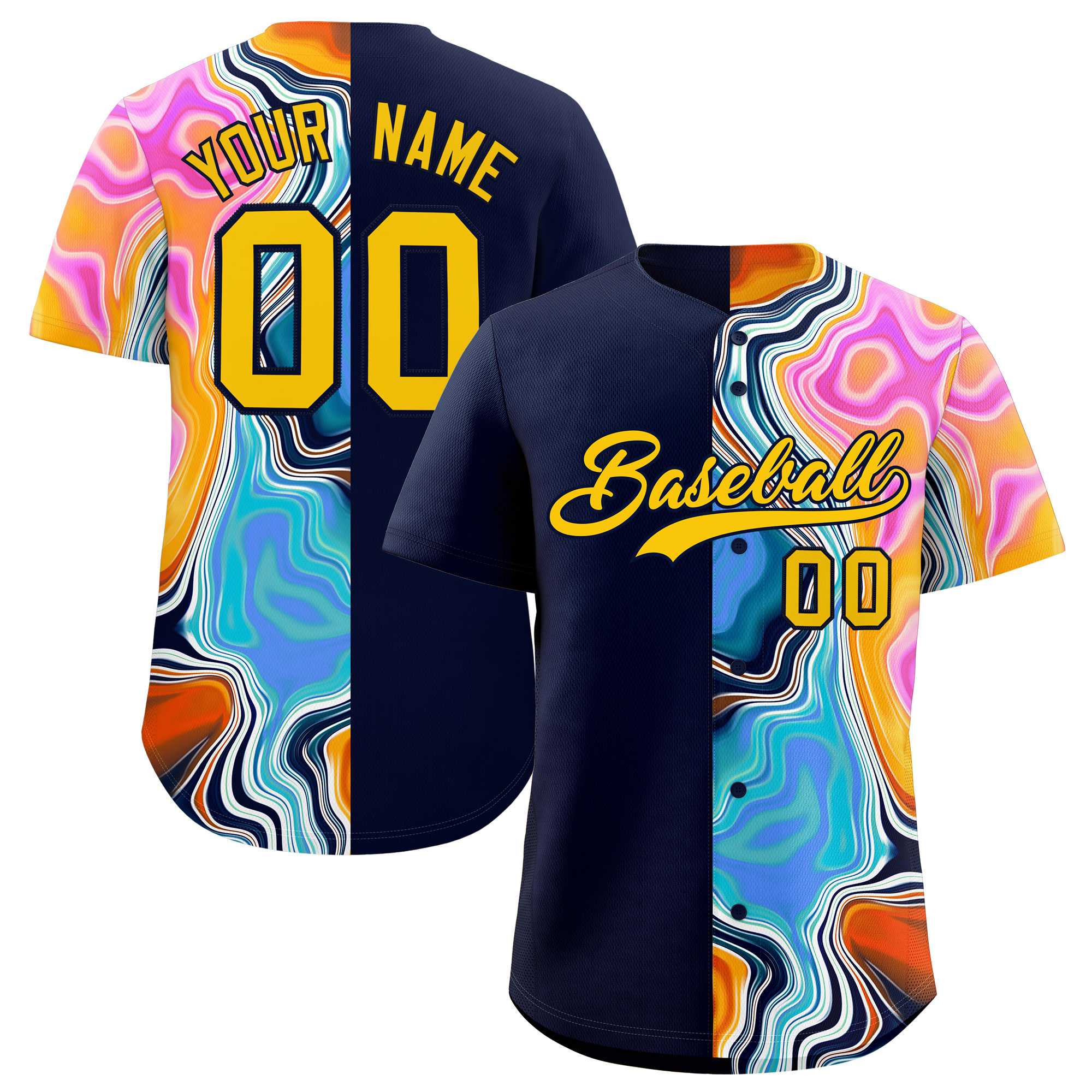 Custom Navy Split Fashion Fluid Pattern Authentic Baseball Jersey| KXKSHOP