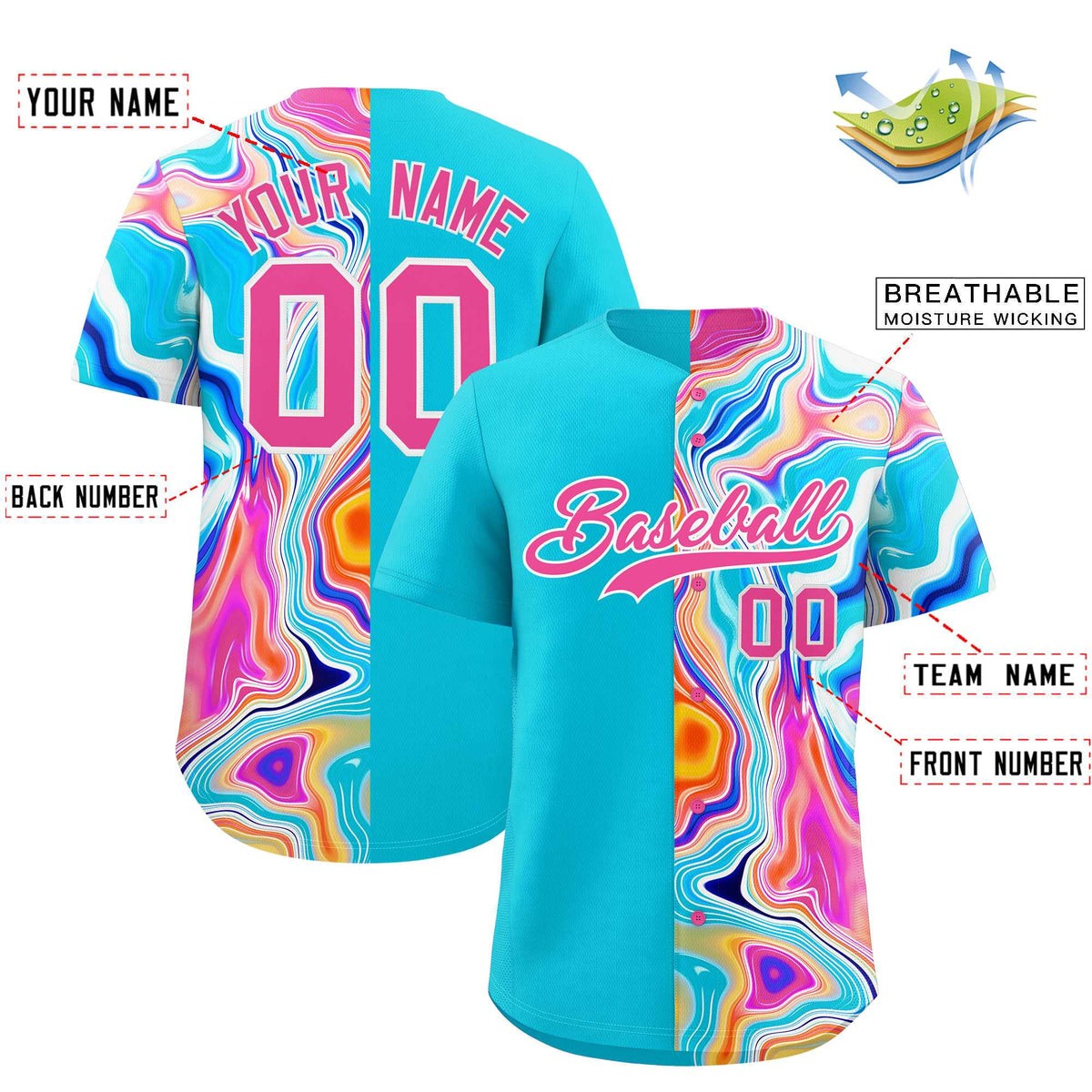 Custom Sky Blue Split Fashion Fluid Pattern Authentic Baseball Jersey| KXKSHOP