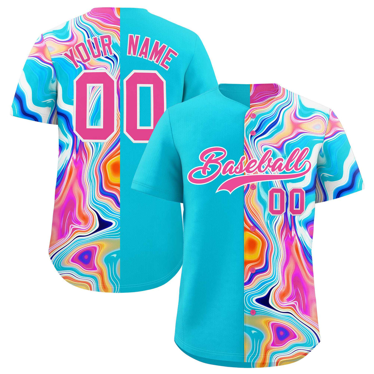 Custom Sky Blue Split Fashion Fluid Pattern Authentic Baseball Jersey| KXKSHOP