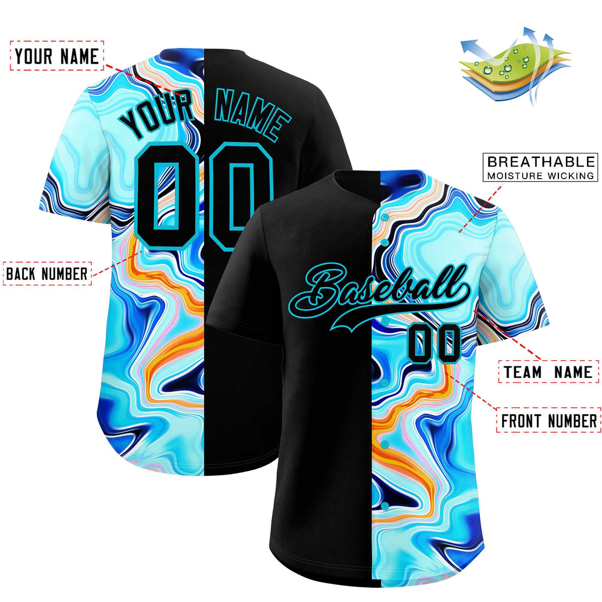 Custom Black Split Fashion Fluid Pattern Authentic Baseball Jersey| KXKSHOP