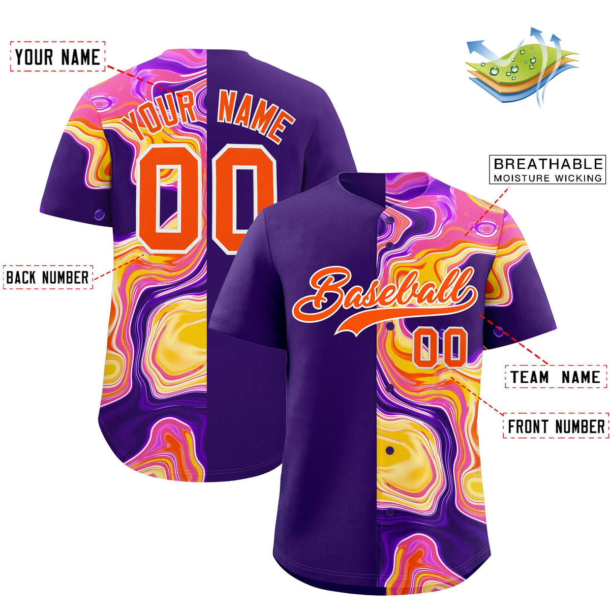 Custom Purple Split Fashion Fluid Pattern Authentic Baseball Jersey| KXKSHOP