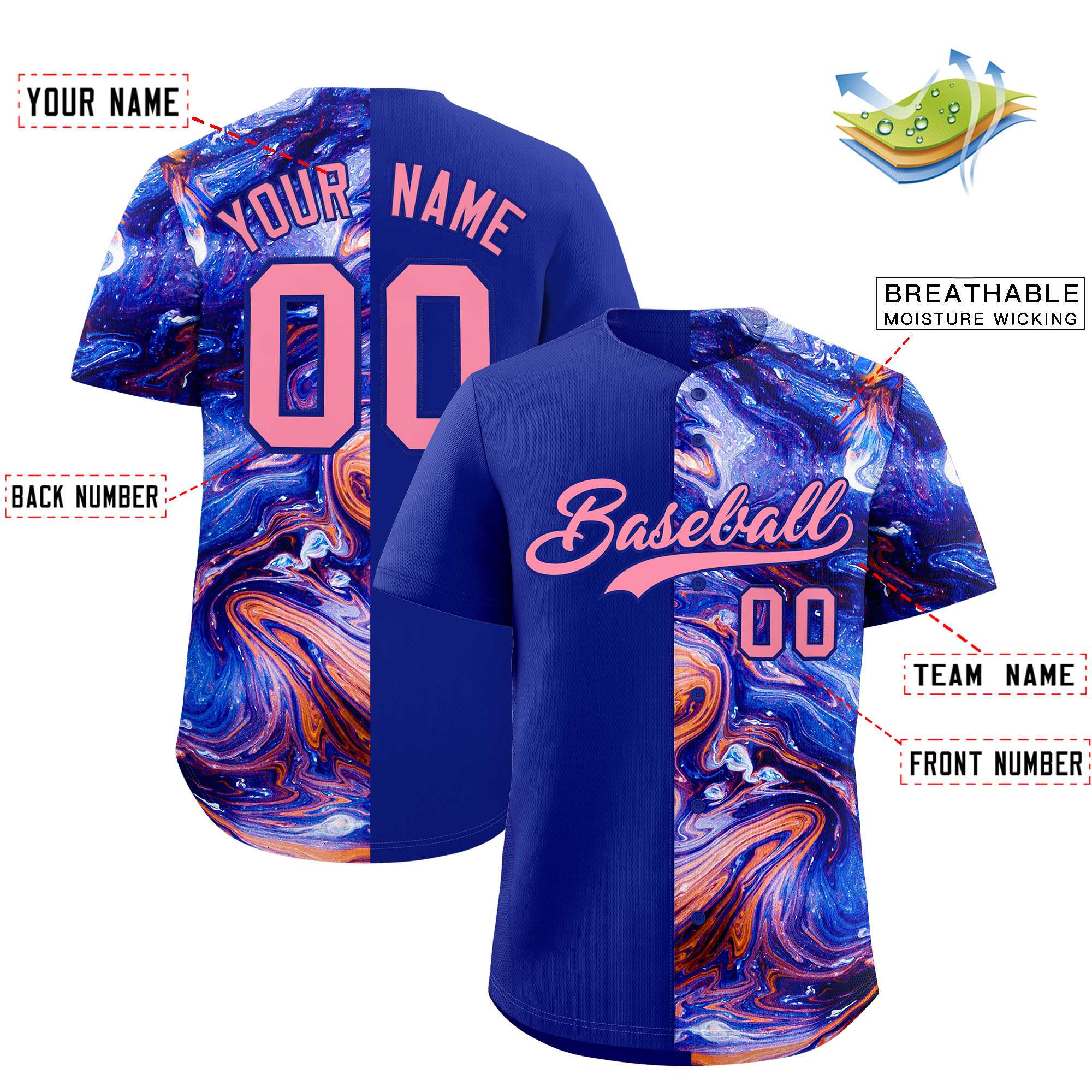 Custom Royal Split Fashion Fluid Pattern Authentic Baseball Jersey| KXKSHOP