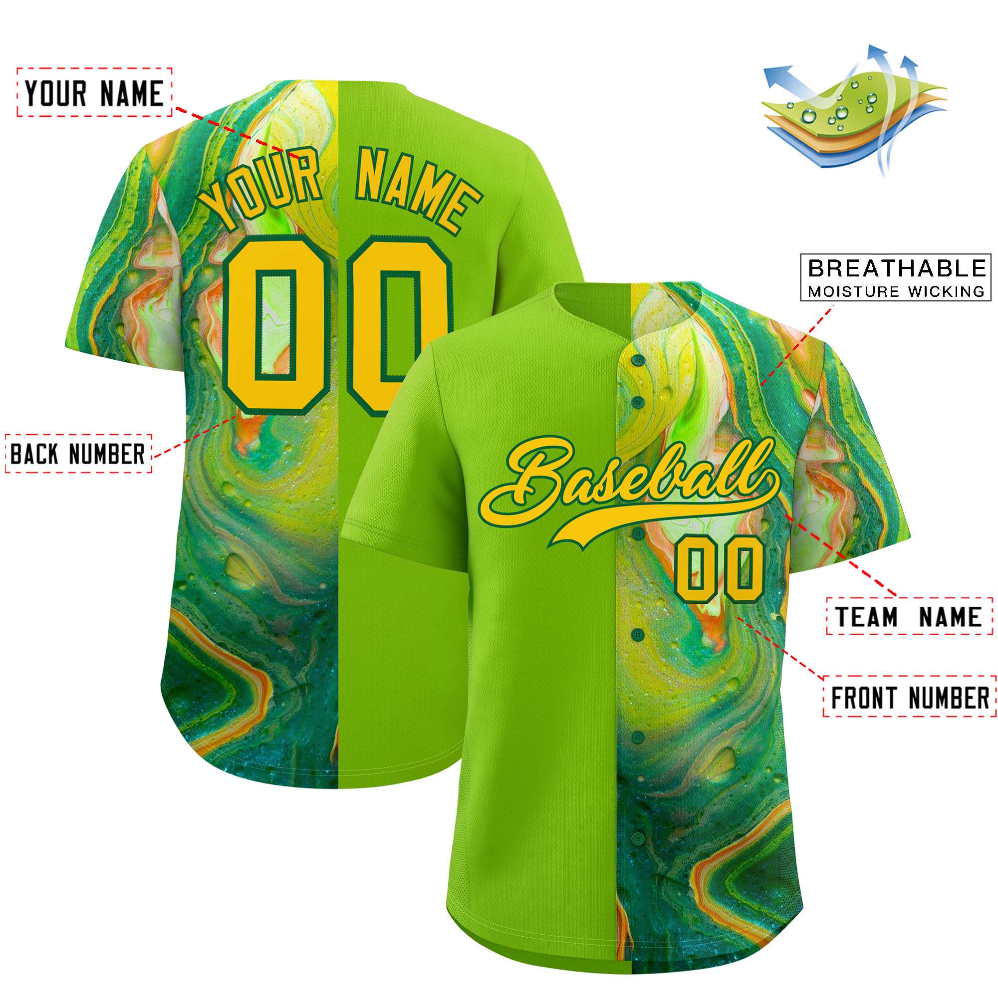 Custom Neon Green Split Fashion Fluid Pattern Authentic Baseball Jersey| KXKSHOP