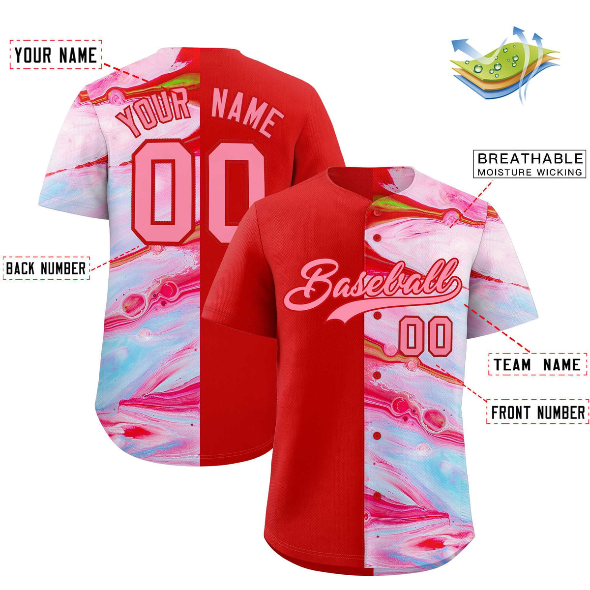 Custom Red Split Fashion Fluid Pattern Authentic Baseball Jersey| KXKSHOP