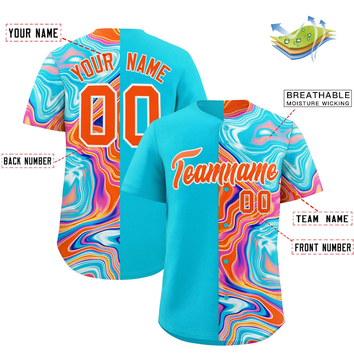 Custom Sky Blue Split Fashion Fluid Pattern Authentic Baseball Jersey| KXKSHOP