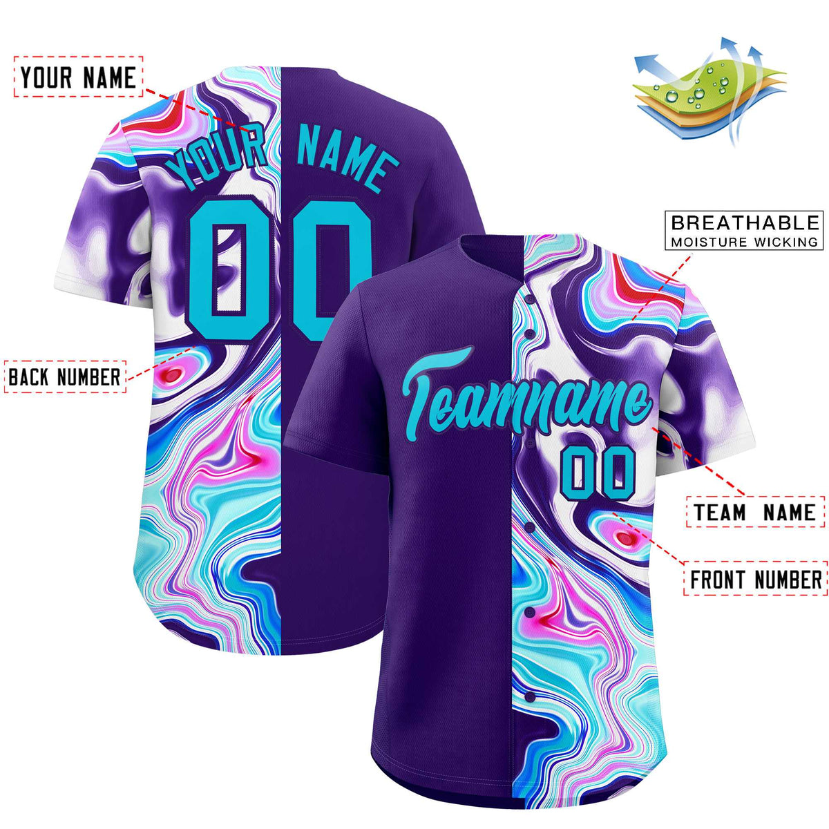 Custom Purple Split Fashion Fluid Pattern Authentic Baseball Jersey| KXKSHOP