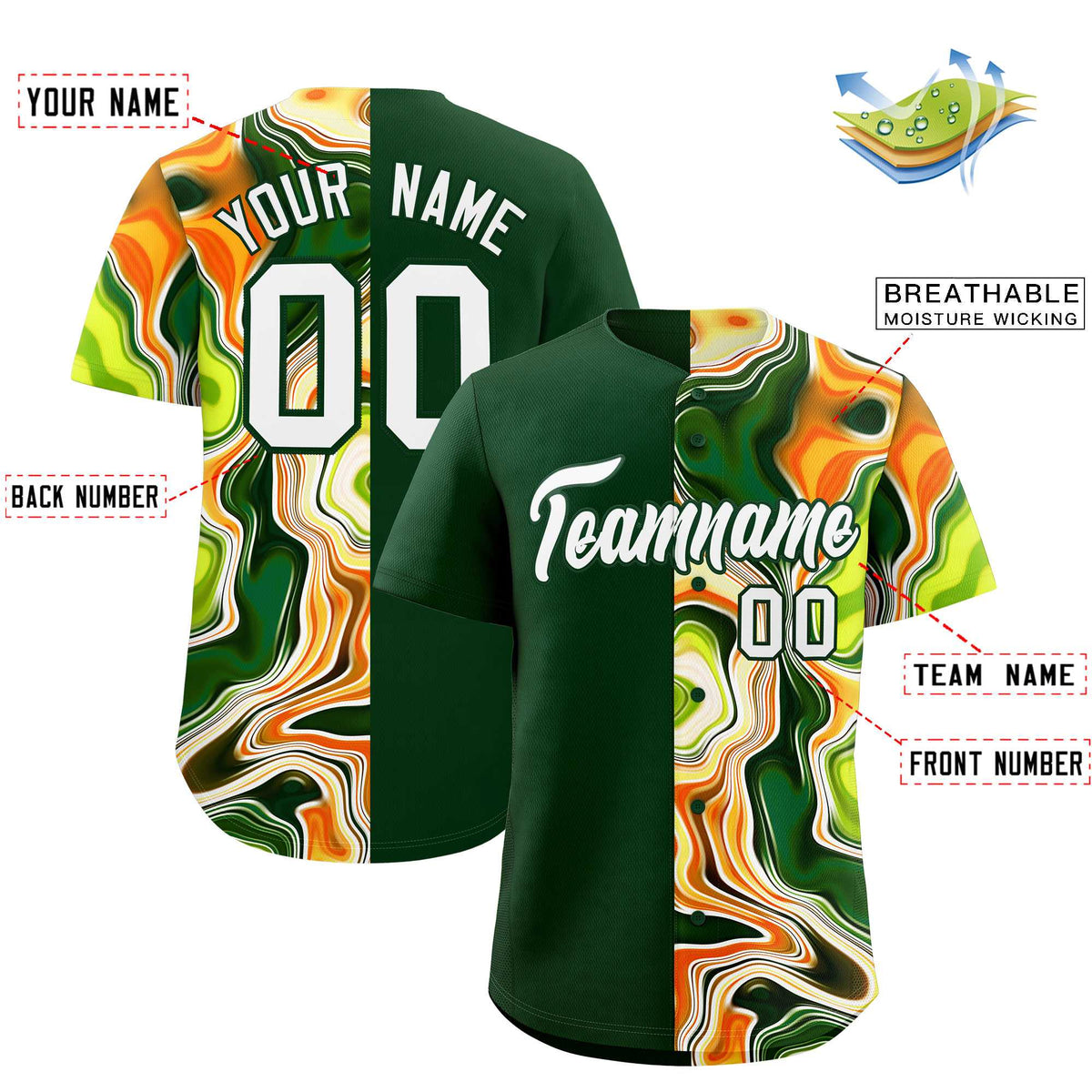 Custom Green Split Fashion Fluid Pattern Authentic Baseball Jersey| KXKSHOP