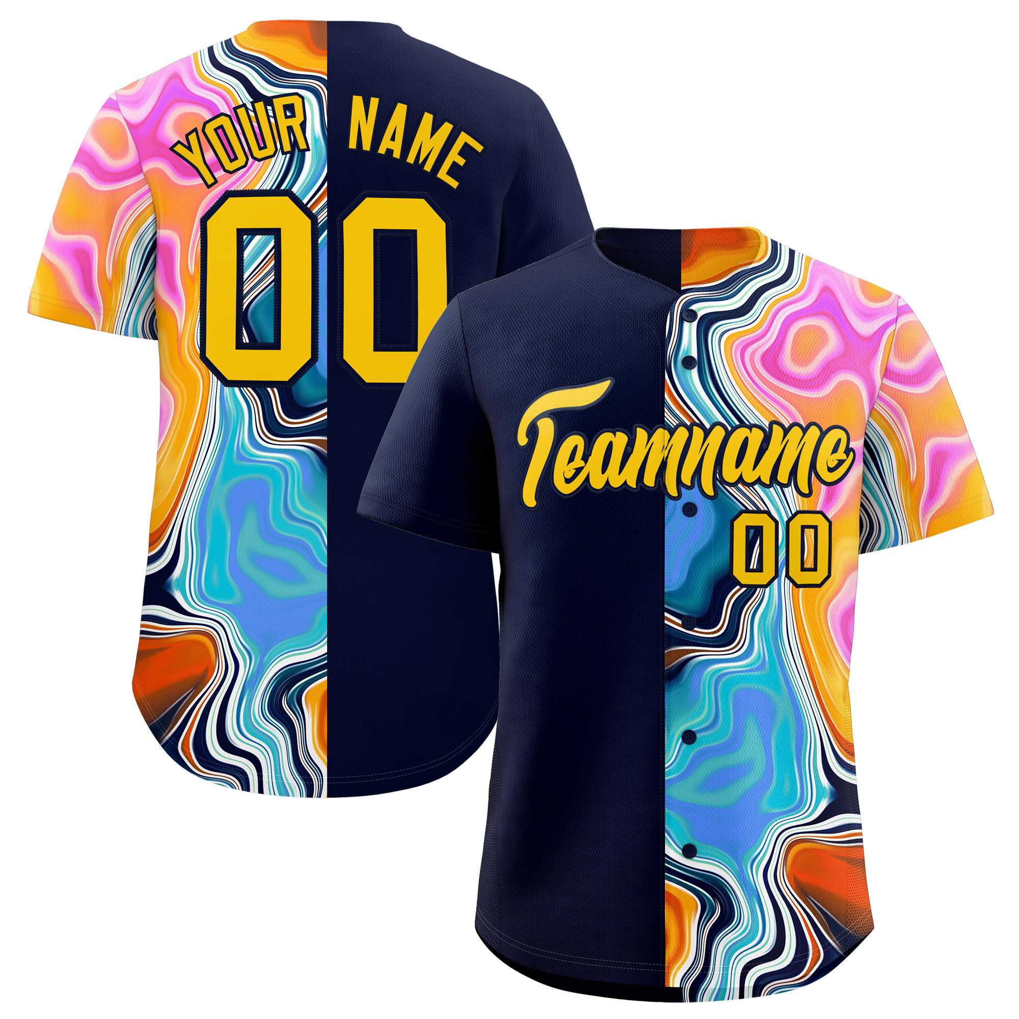 Custom Navy Split Fashion Fluid Pattern Authentic Baseball Jersey| KXKSHOP