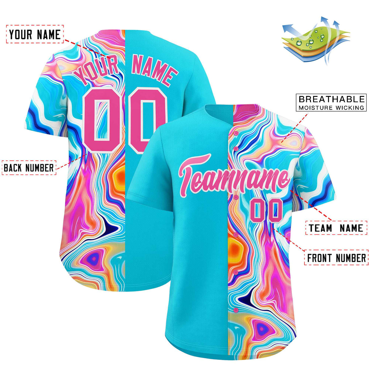 Custom Sky Blue Split Fashion Fluid Pattern Authentic Baseball Jersey| KXKSHOP