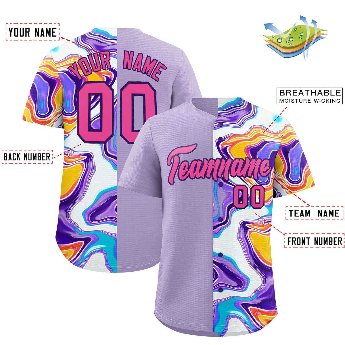 Custom Light Purple Split Fashion Fluid Pattern Authentic Baseball Jersey| KXKSHOP