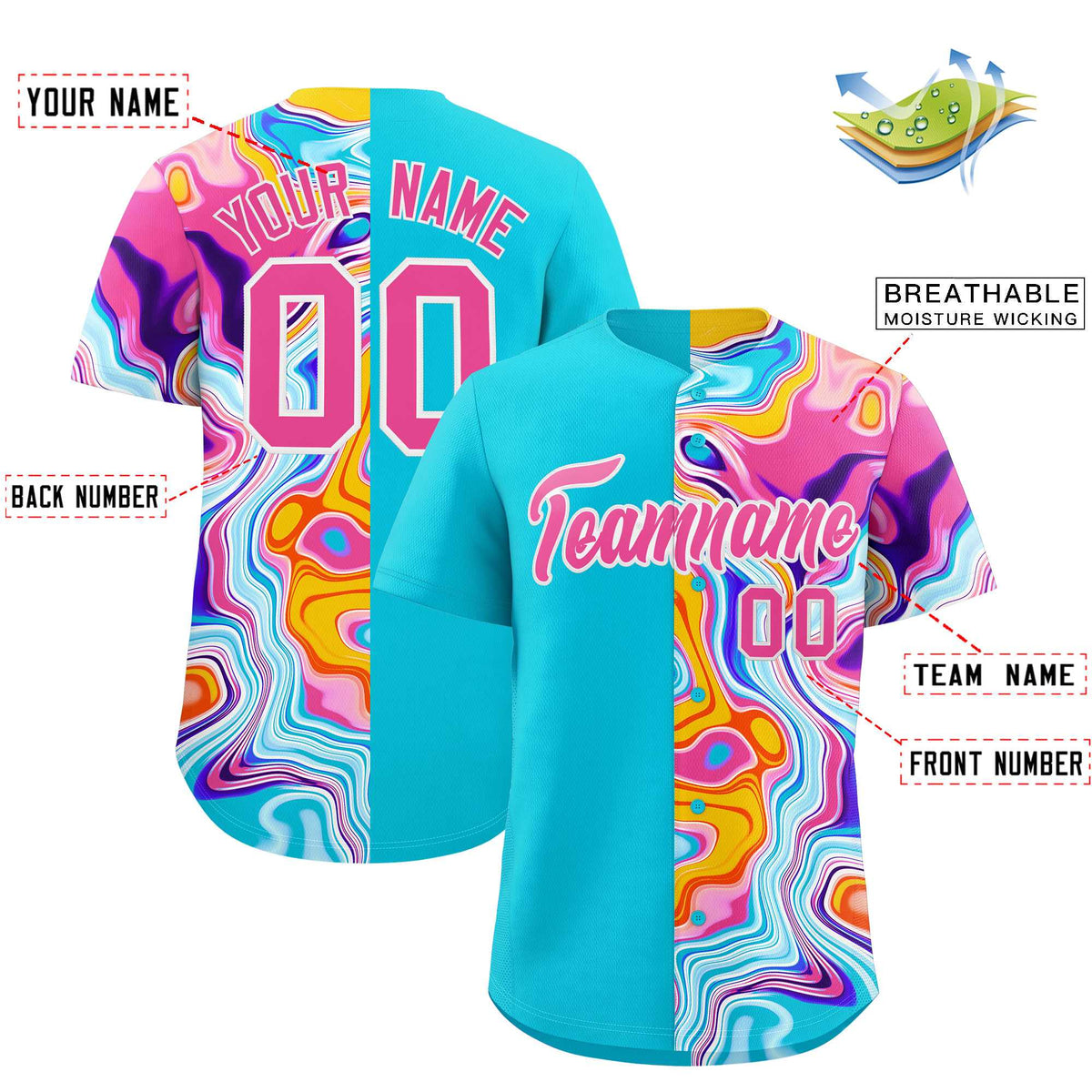 Custom Sky Blue Split Fashion Fluid Pattern Authentic Baseball Jersey| KXKSHOP