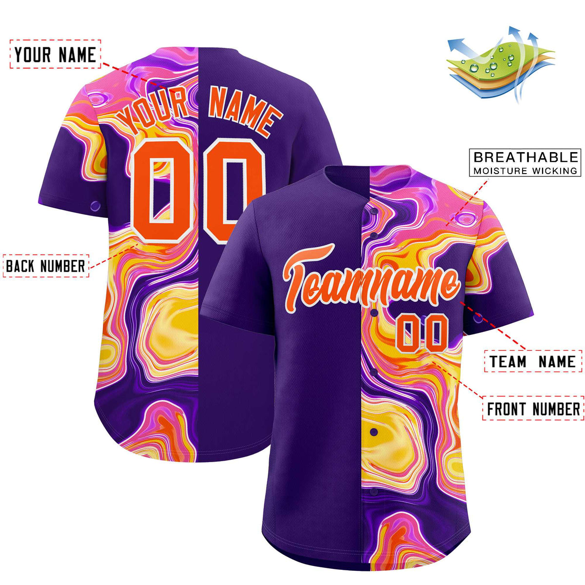 Custom Purple Split Fashion Fluid Pattern Authentic Baseball Jersey| KXKSHOP