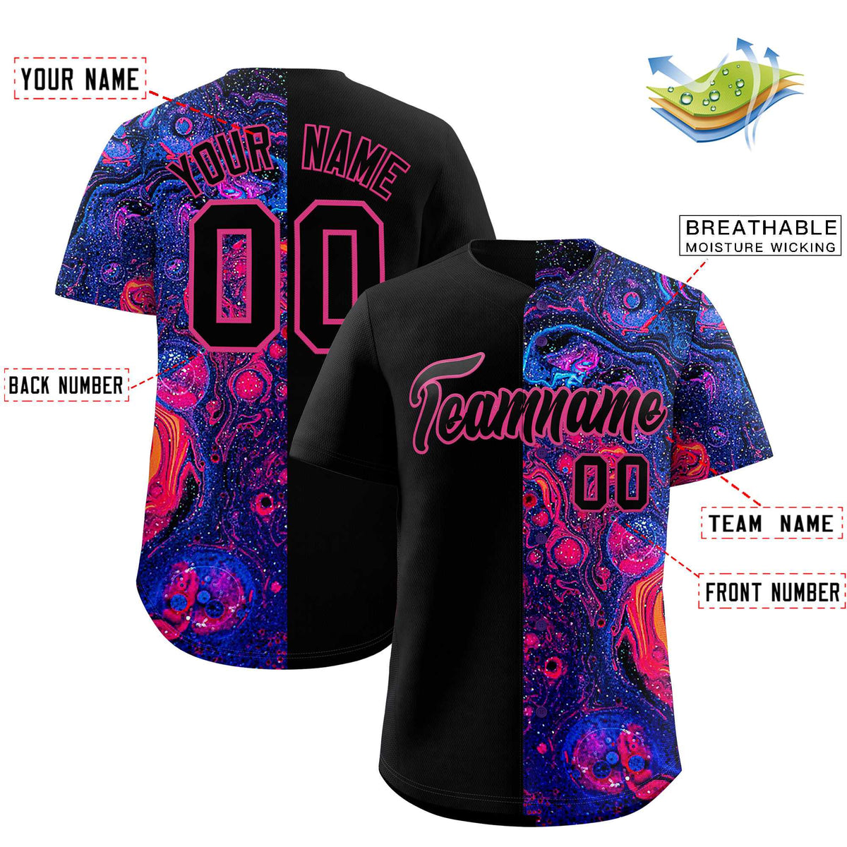Custom Black Split Fashion Fluid Pattern Authentic Baseball Jersey| KXKSHOP