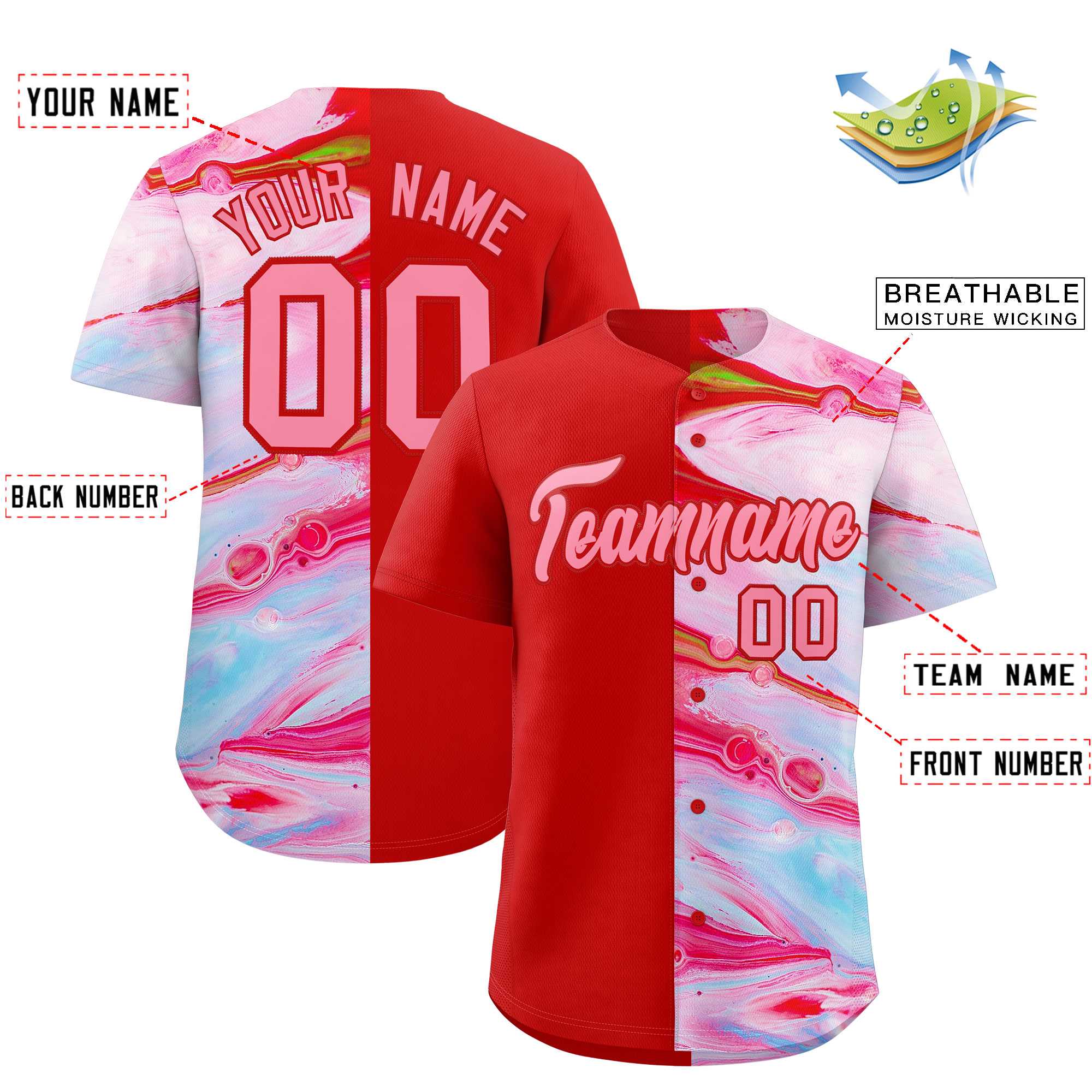 Custom Red Split Fashion Fluid Pattern Authentic Baseball Jersey| KXKSHOP