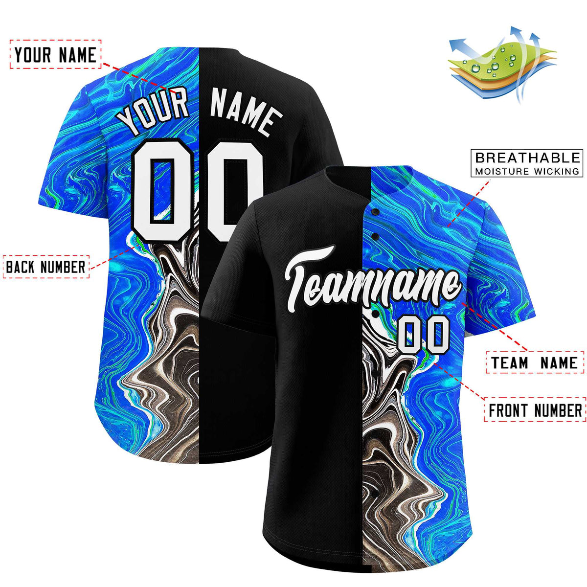 Custom Black Split Fashion Fluid Pattern Authentic Baseball Jersey| KXKSHOP