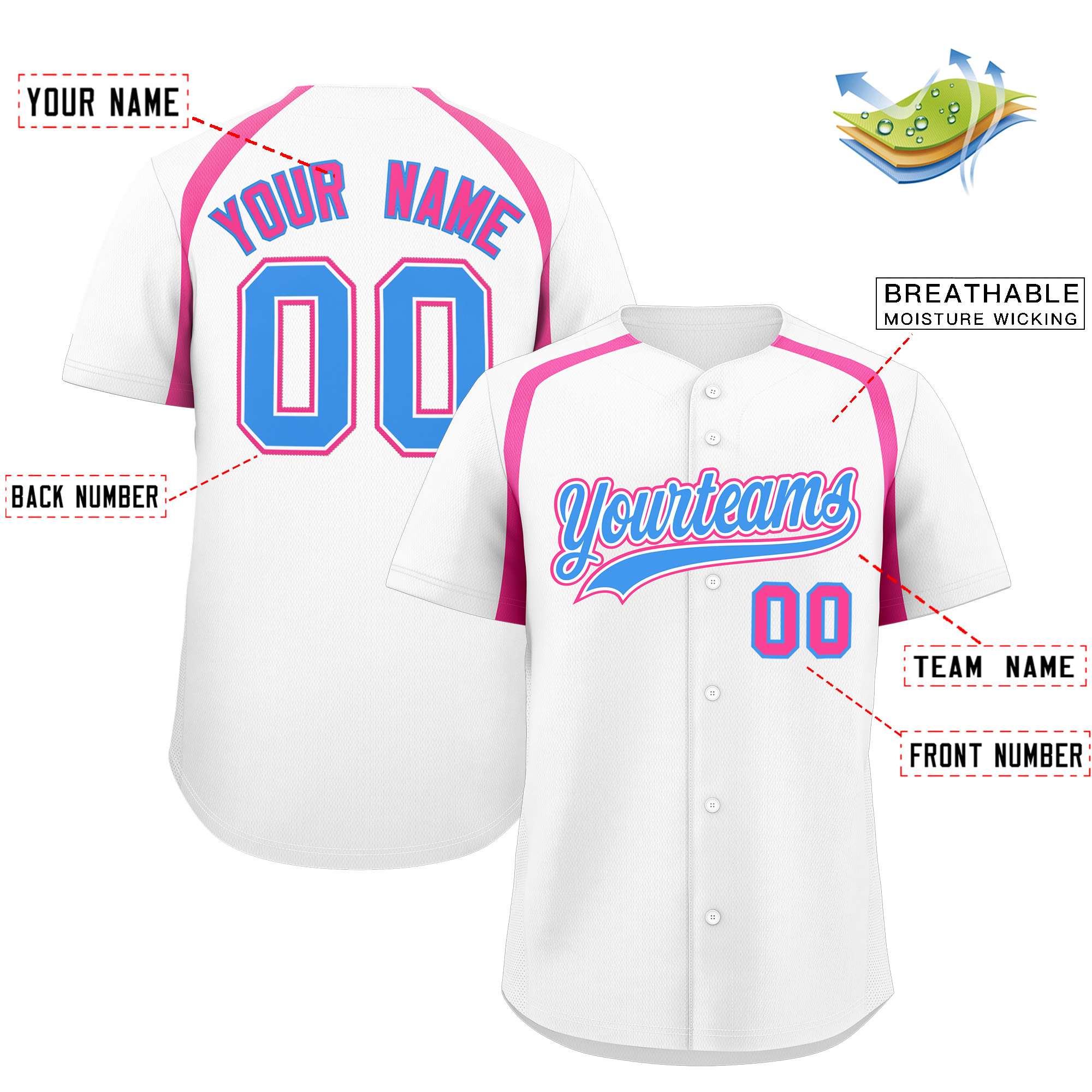 Custom White Pink Personalized Color Block Authentic Baseball Jersey