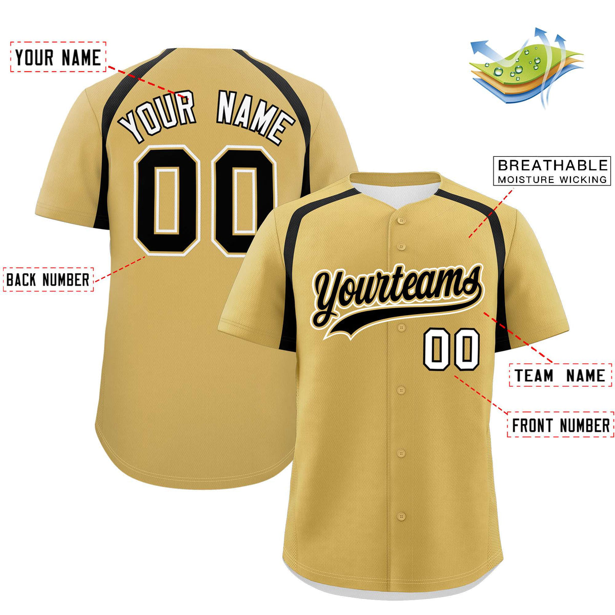 Custom Old Gold Black Personalized Color Block Authentic Baseball Jersey