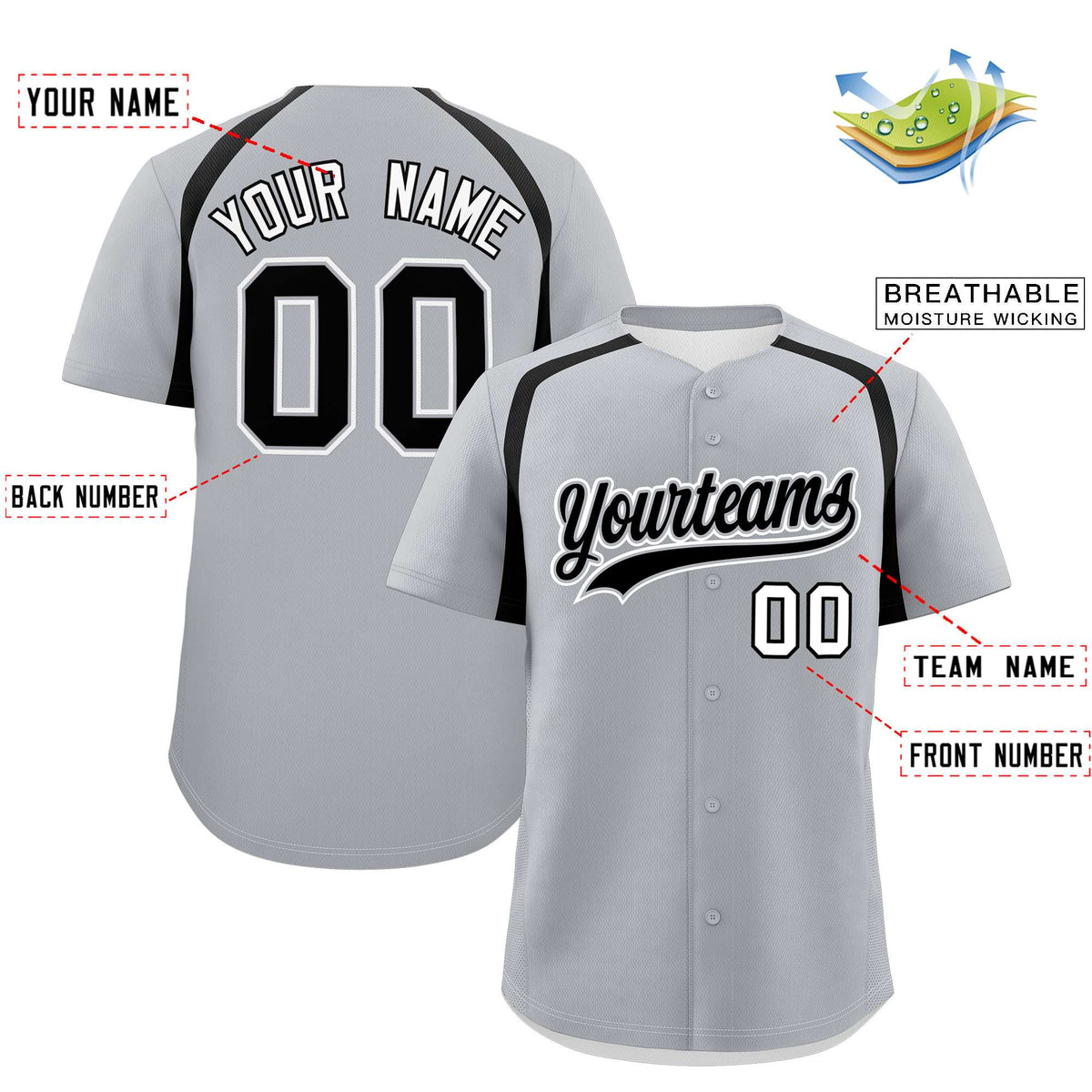 Custom Silver Black Personalized Color Block Authentic Baseball Jersey