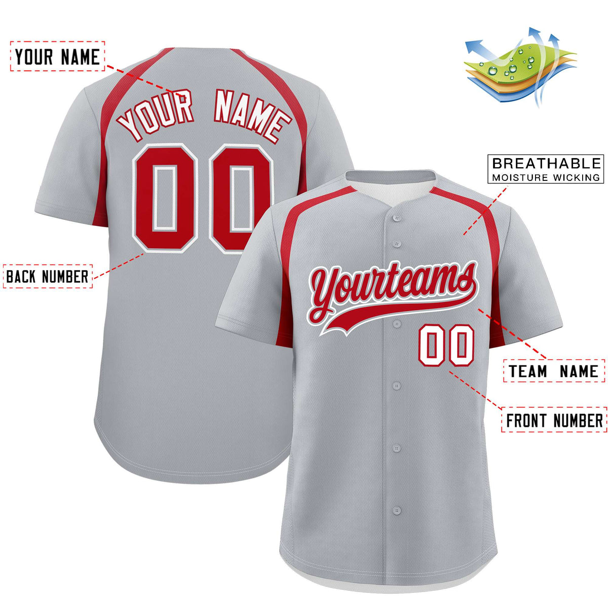 Custom Silver Red Personalized Color Block Authentic Baseball Jersey