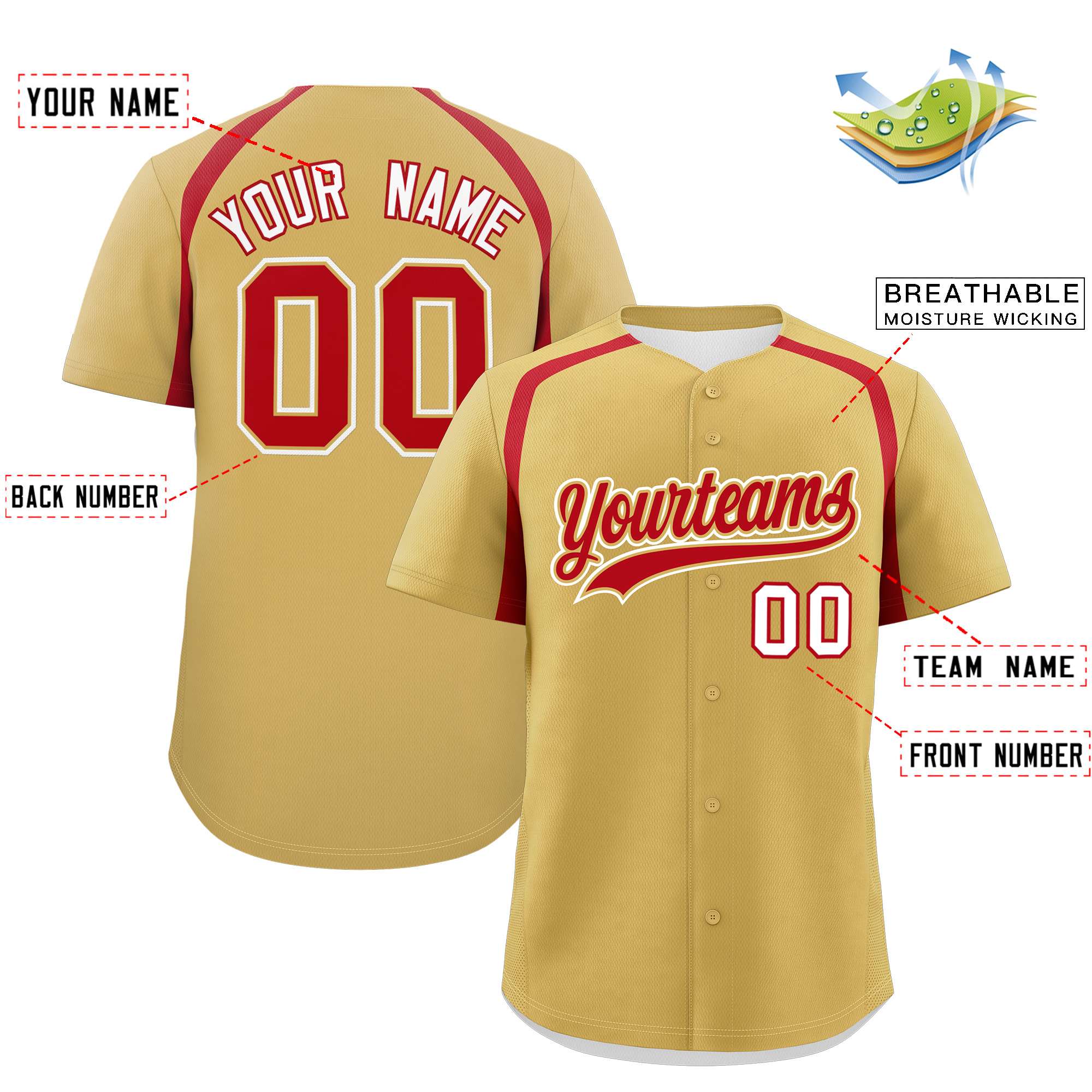 Custom Old Gold Red Personalized Color Block Authentic Baseball Jersey