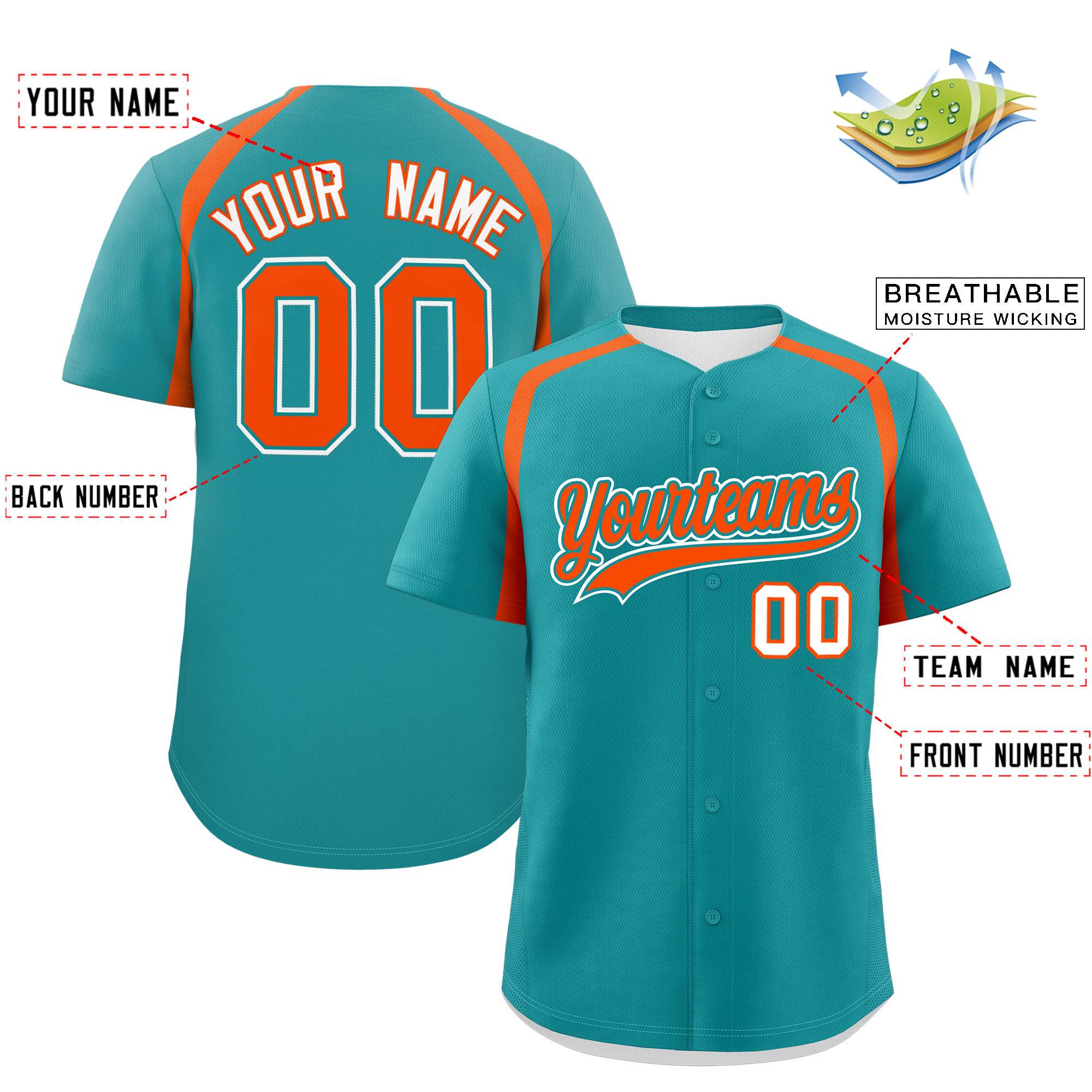 Custom Aqua Orange Personalized Color Block Authentic Baseball Jersey