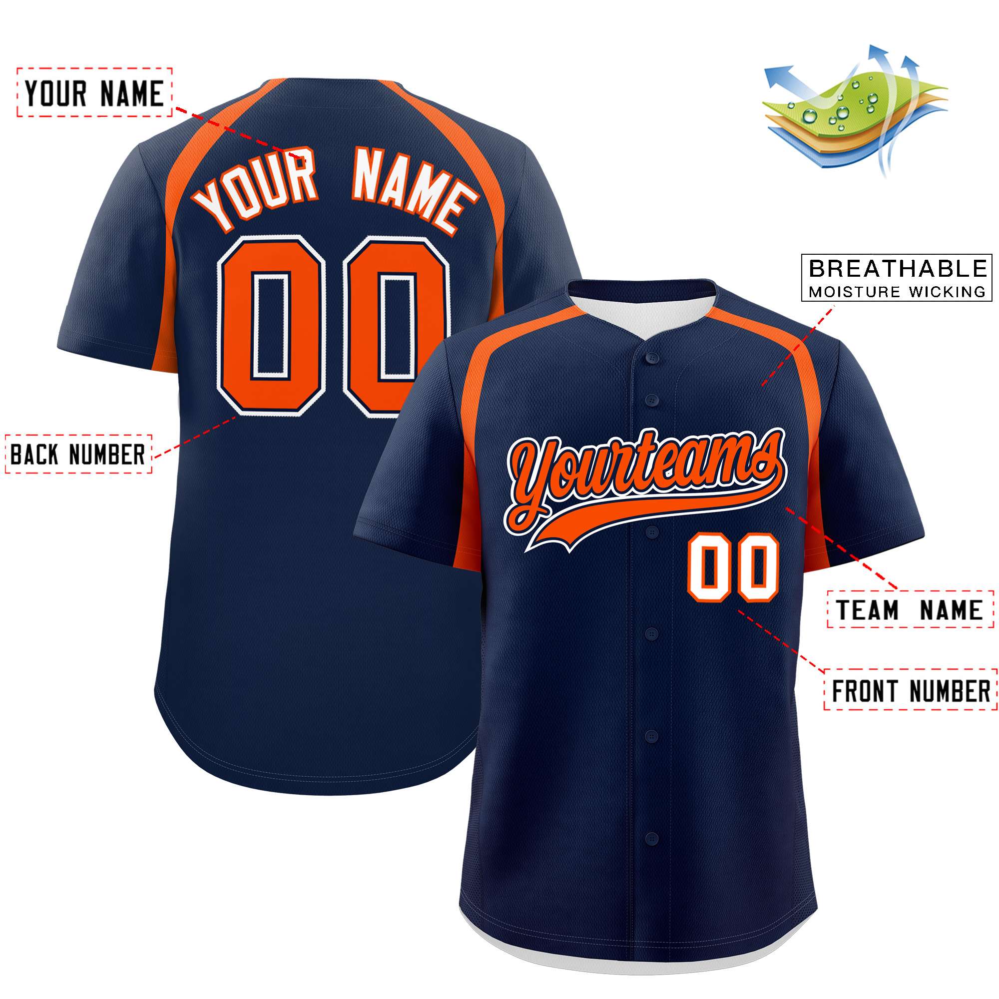 Custom Navy Orange Personalized Color Block Authentic Baseball Jersey