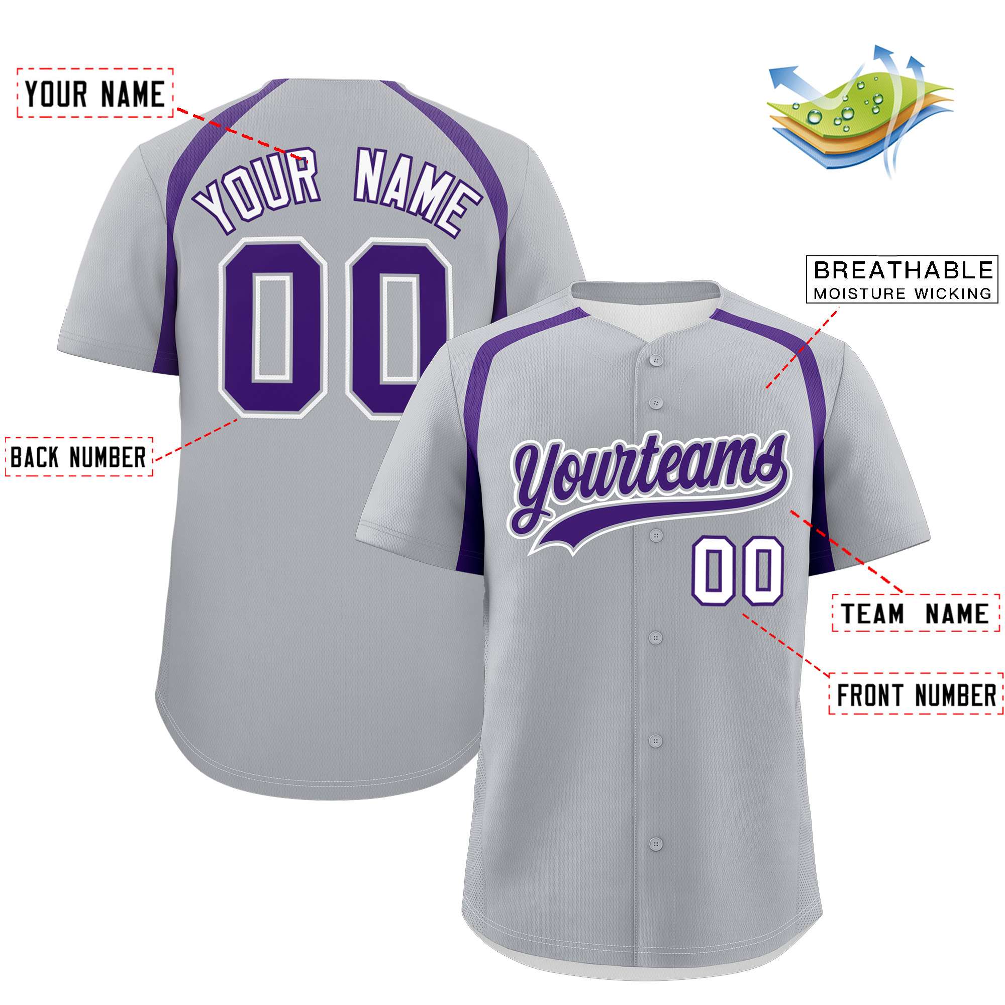 Custom Silver Purple Personalized Color Block Authentic Baseball Jersey| KXKSHOP
