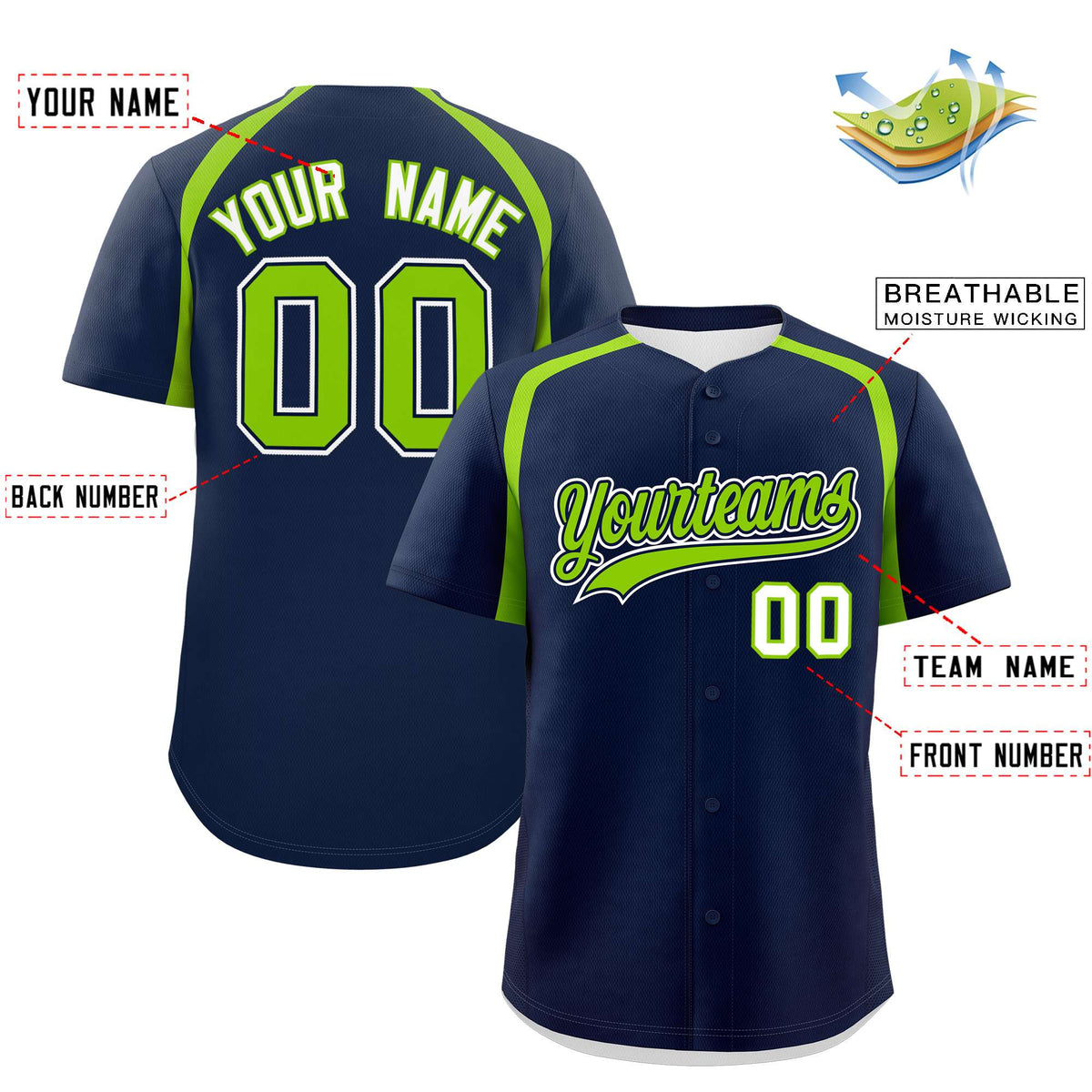 Custom Navy Neon Green Personalized Color Block Authentic Baseball Jersey| KXKSHOP