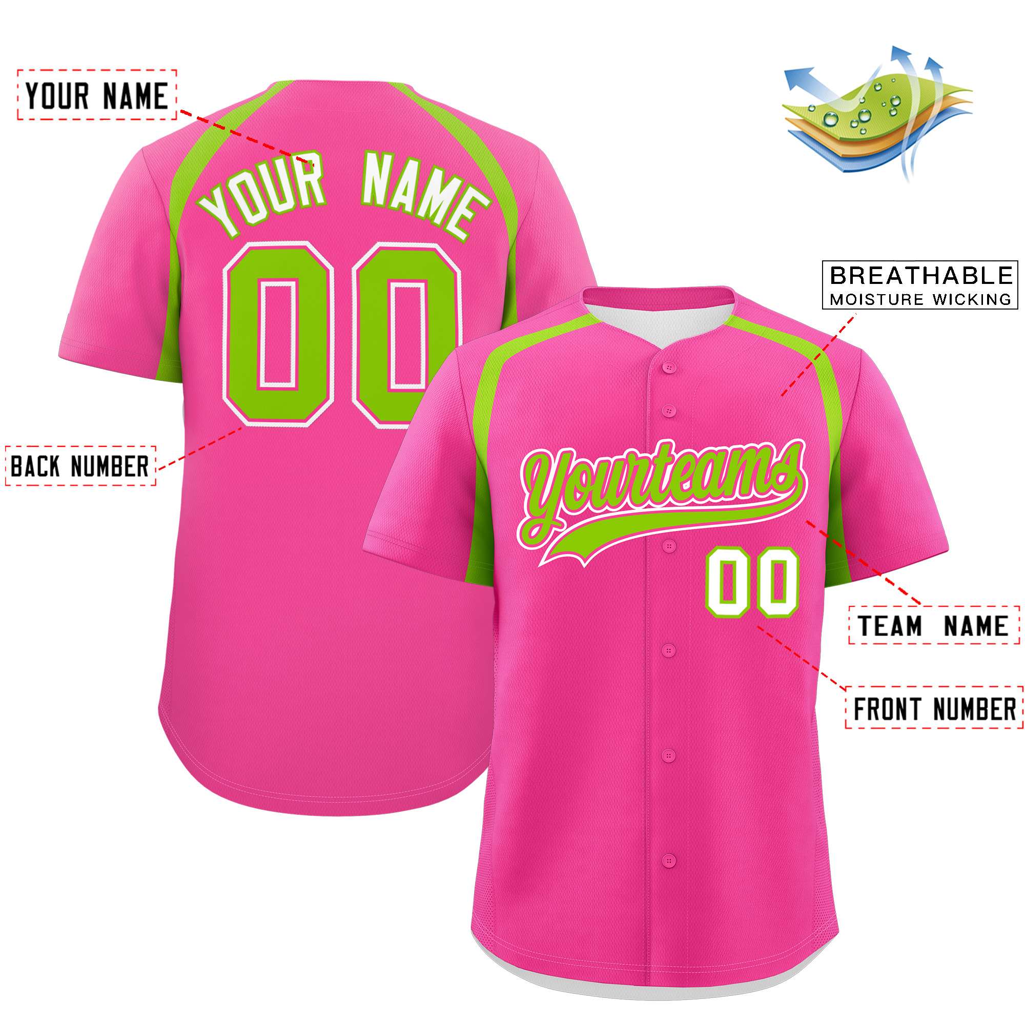 Custom Pink Neon Green Personalized Color Block Authentic Baseball Jersey| KXKSHOP