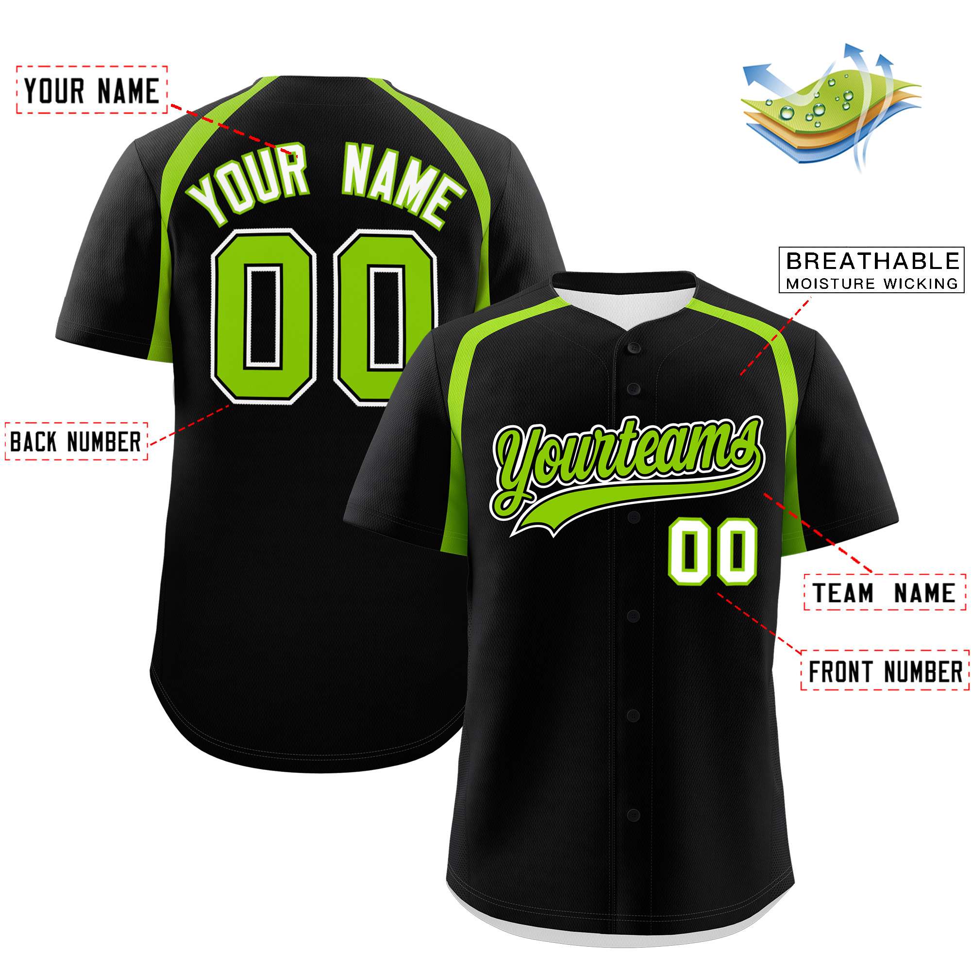 Custom Black Neon Green Personalized Color Block Authentic Baseball Jersey| KXKSHOP