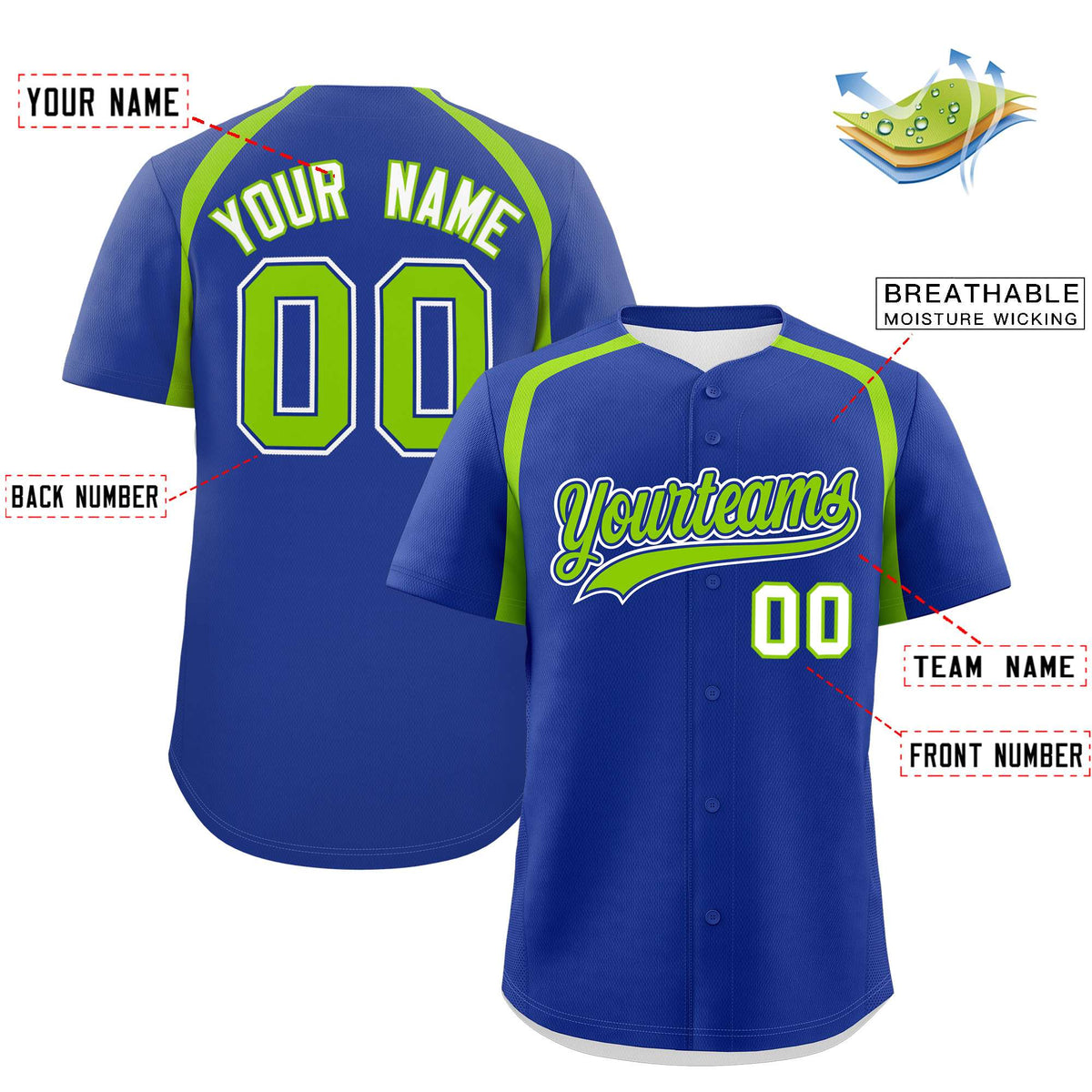 Custom Royal Neon Green Personalized Color Block Authentic Baseball Jersey| KXKSHOP