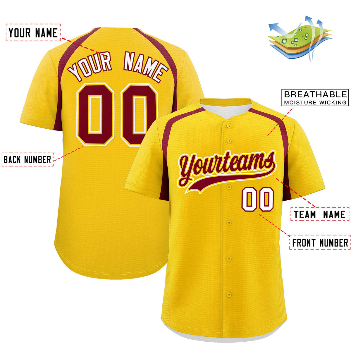 Custom Gold Crimson Personalized Color Block Authentic Baseball Jersey| KXKSHOP