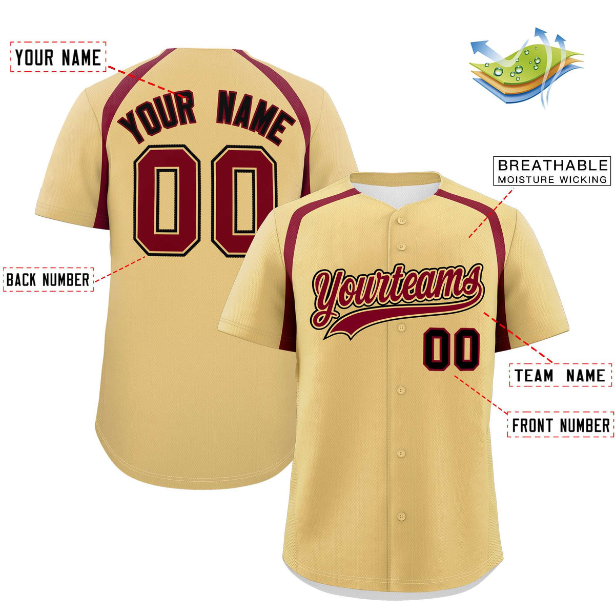 Custom Khaki Crimson Personalized Color Block Authentic Baseball Jersey| KXKSHOP