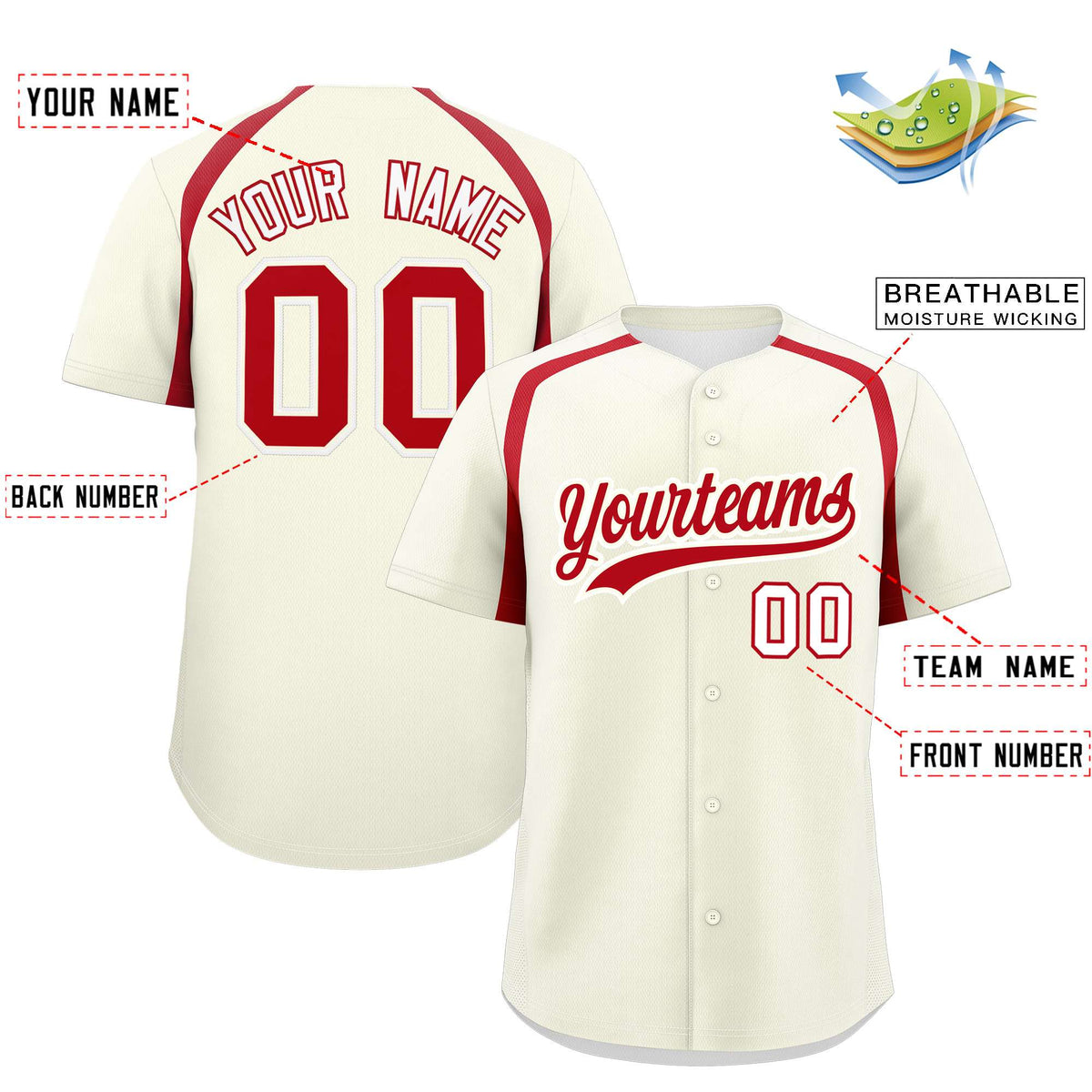 Custom Cream Red Personalized Color Block Authentic Baseball Jersey| KXKSHOP