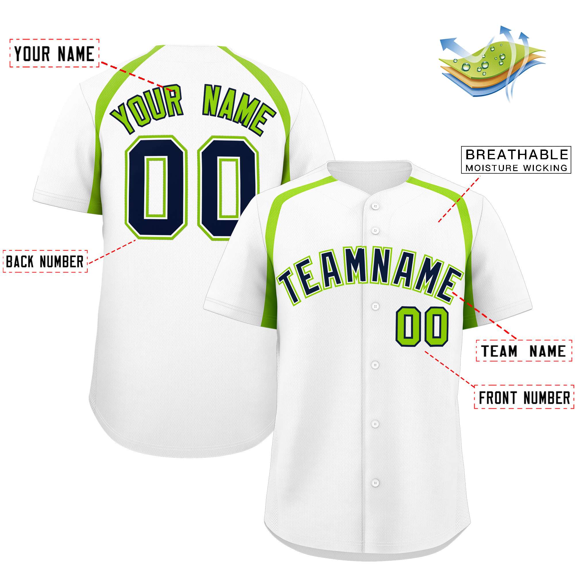 Custom White Neon Green Personalized Color Block Authentic Baseball Jersey